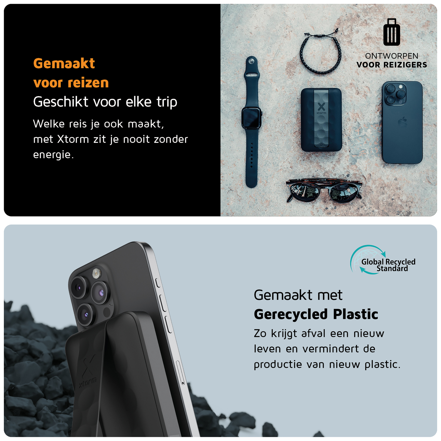 A smartwatch, bracelet, power bank, glasses, and phone are laid out on a textured surface.