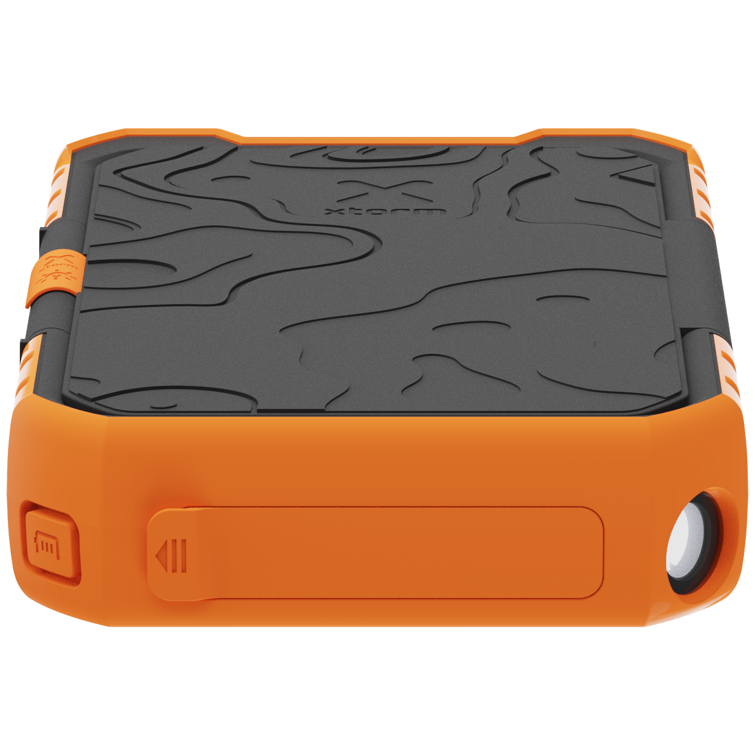 Orange power bank with black textured top. Includes a light.