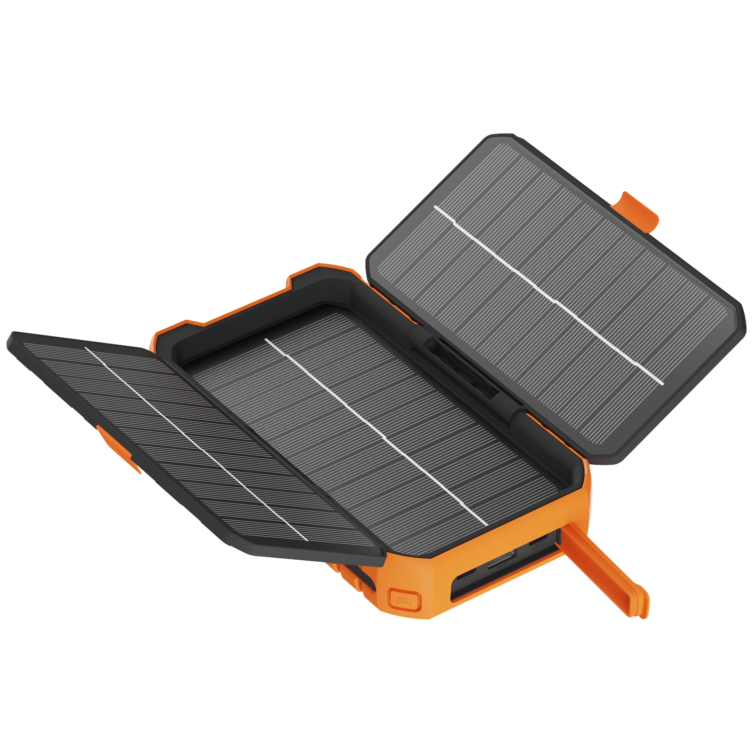 Orange power bank with unfolded solar panels, USB ports, and a stand.