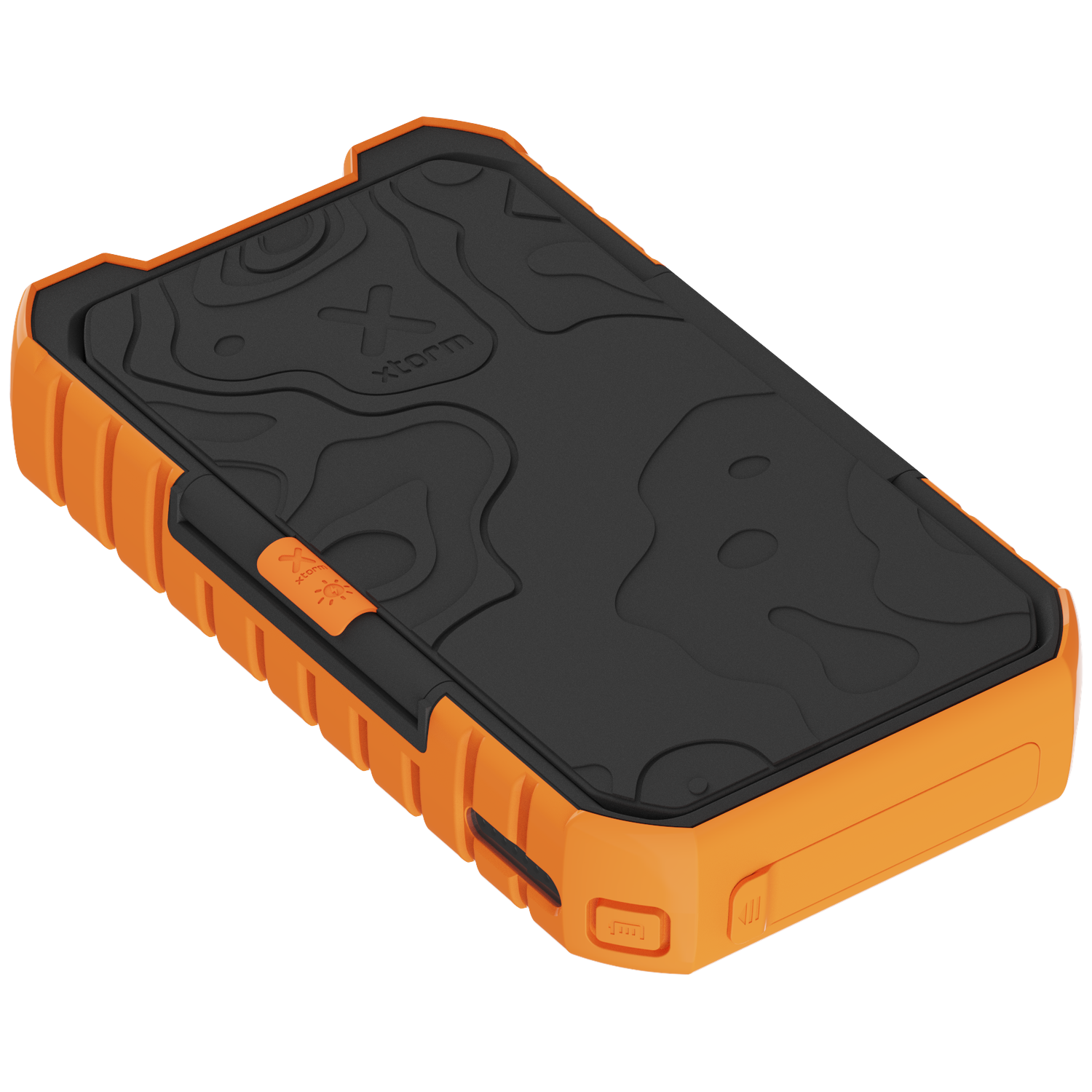 An orange and black rugged power bank with a topographic pattern.