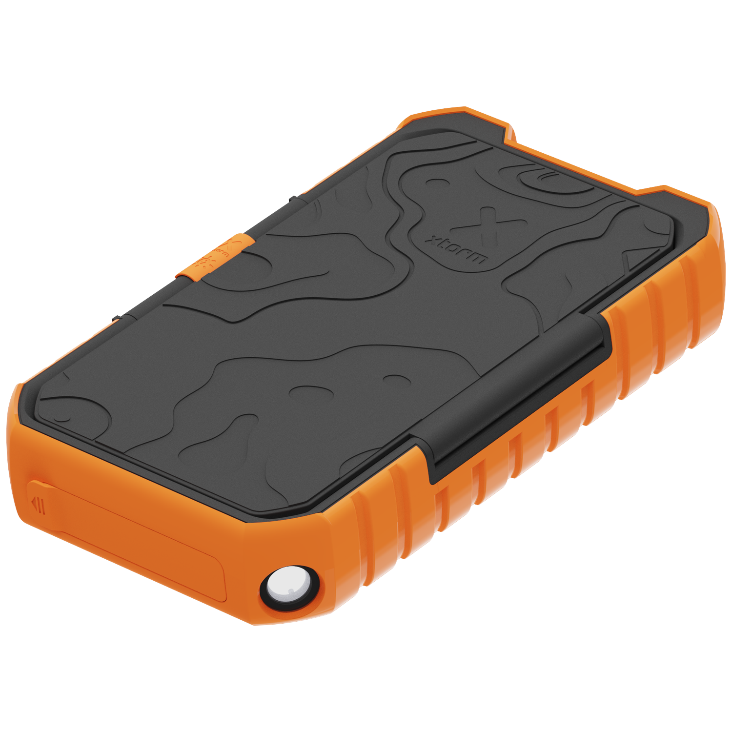 An orange and black power bank with a topography surface and an LED light.