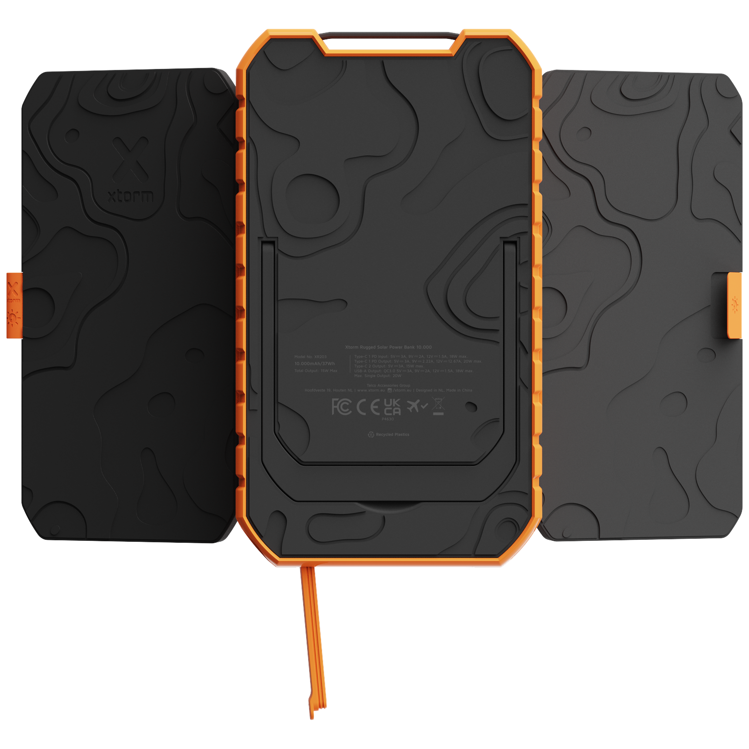 Black Xtorm solar power bank with orange trim and topographic pattern.