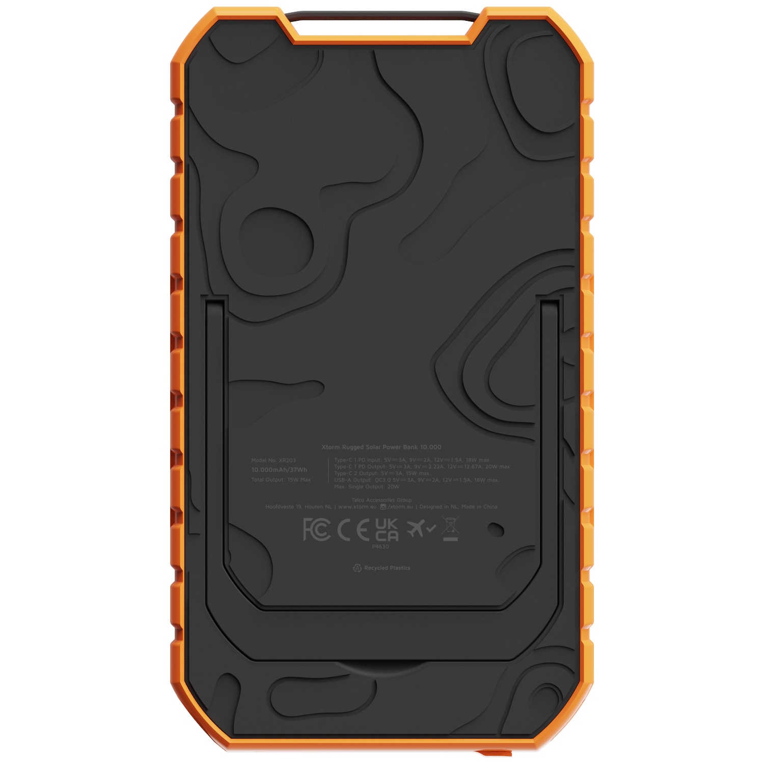 Back of a black power bank with an orange edge, showing technical specifications.