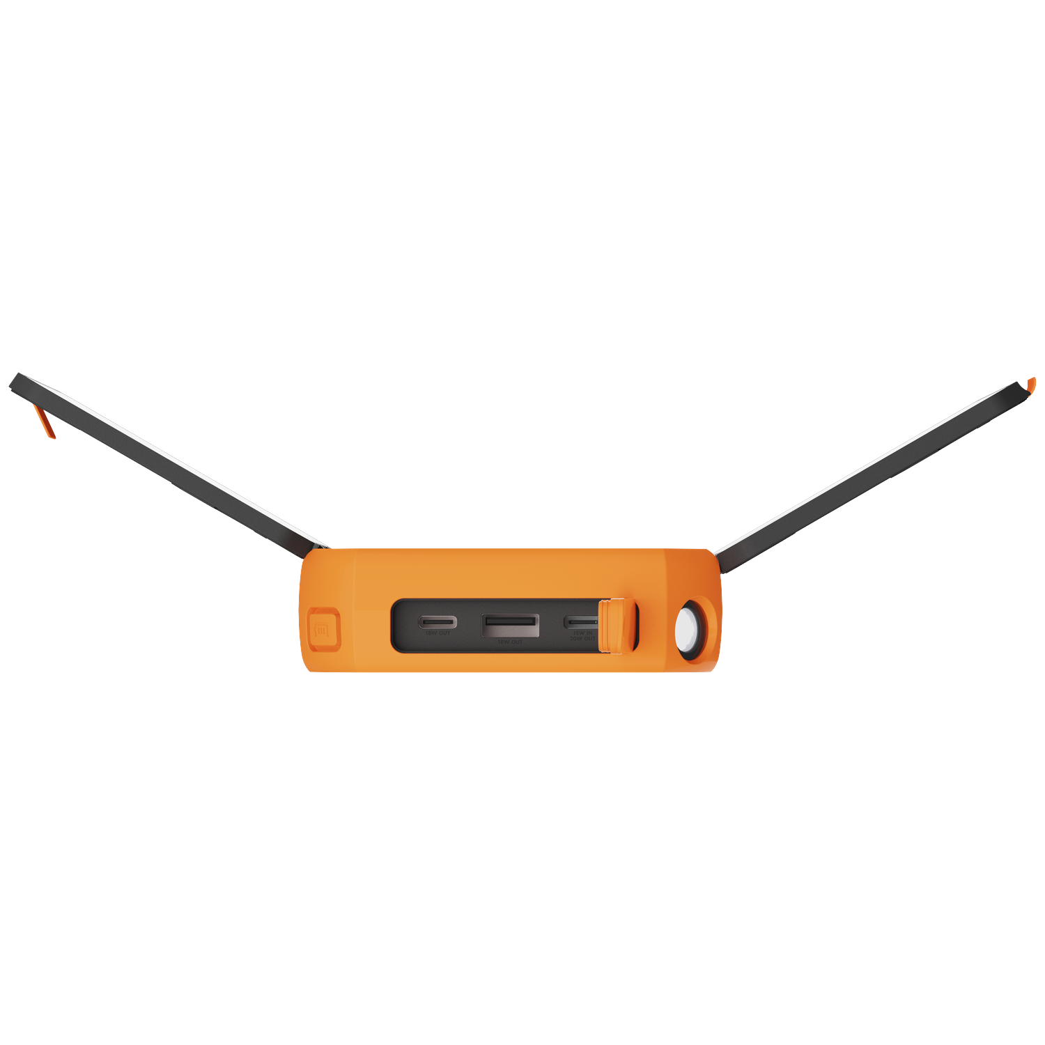 Orange power bank with foldable LED lights, USB ports, and a flashlight.