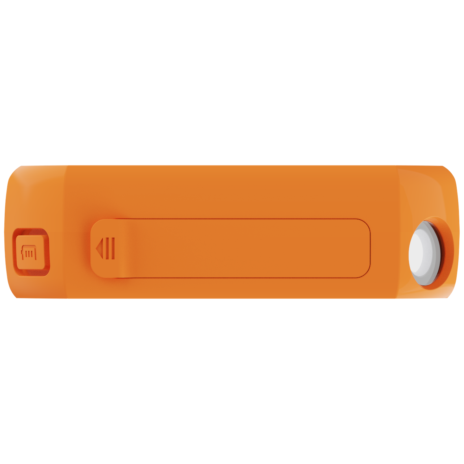 An orange device with a button and a white circle on the side.