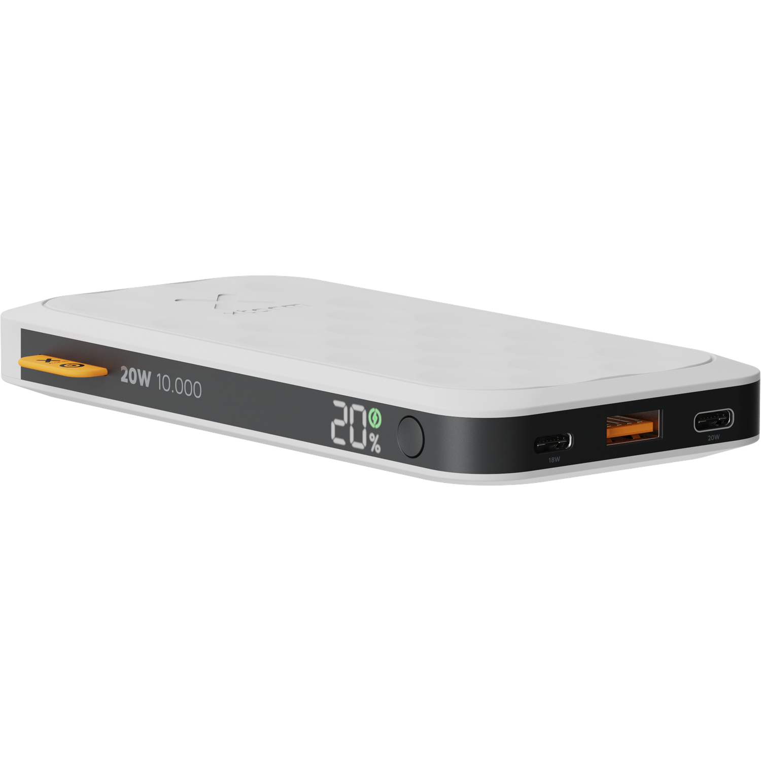 White power bank with 20W 10,000mAh, digital display, and USB ports.