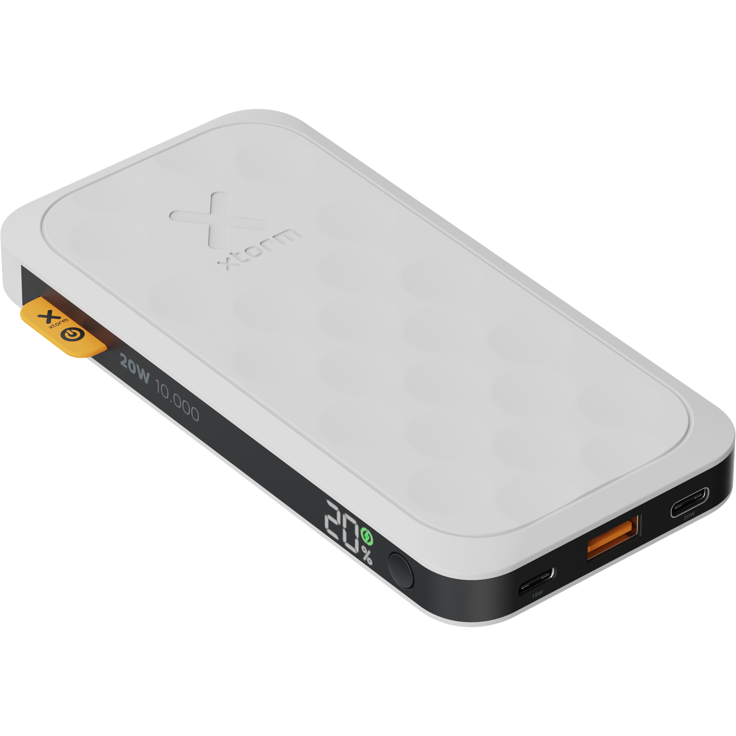 A white Xtorm power bank with 20W and 10,000 mAh battery capacity.