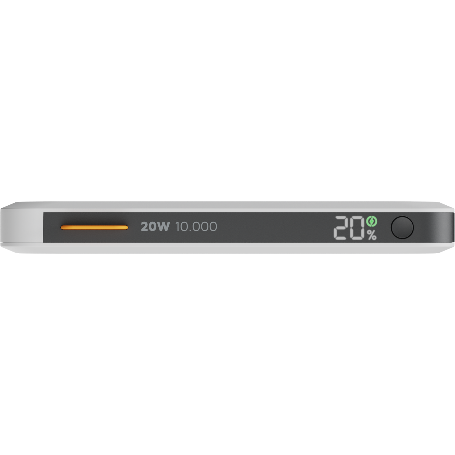 A gray power bank displaying 20W 10,000 mAh and 20% charge.