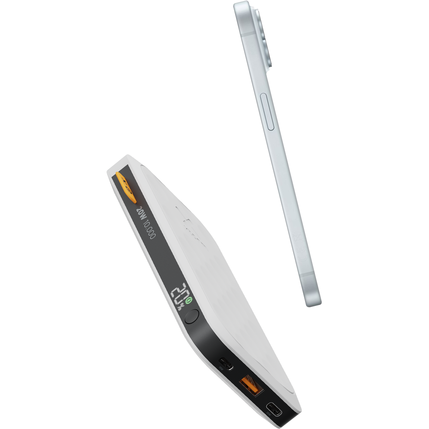 A white power bank and a silver smartphone float.