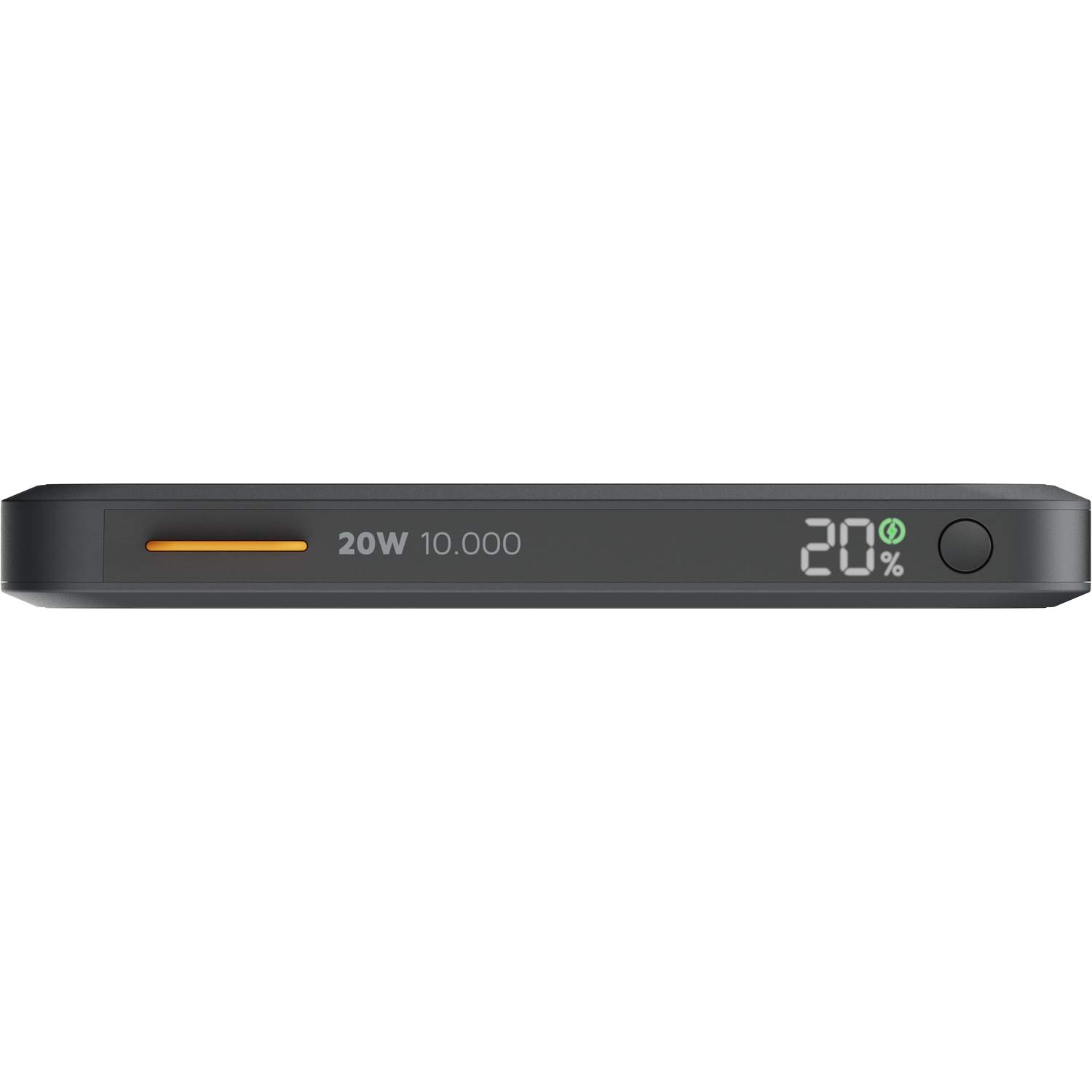 Gray power bank displaying 20% charge, 20W, and 10,000mAh.
