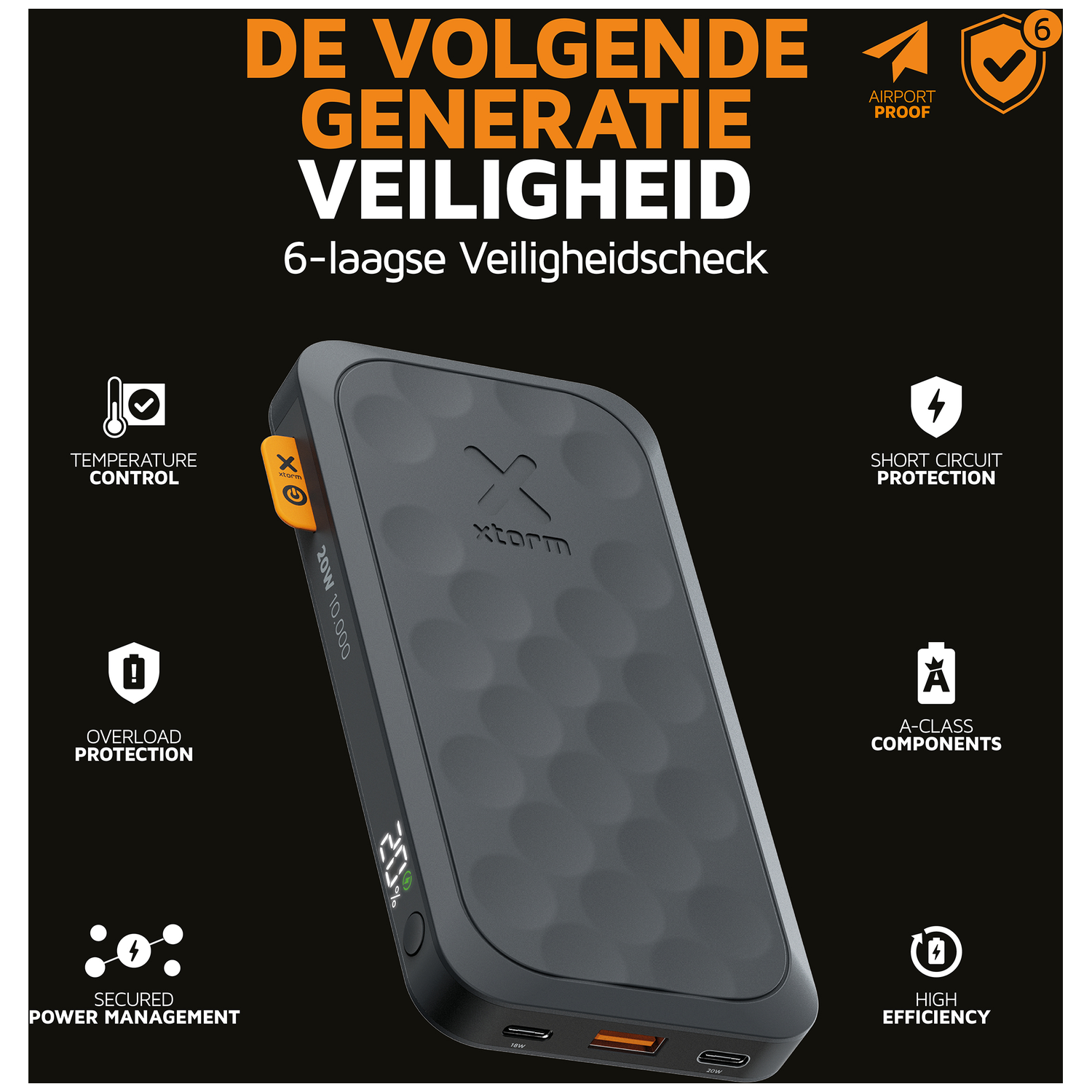 A dark power bank with text and icons detailing safety and features.