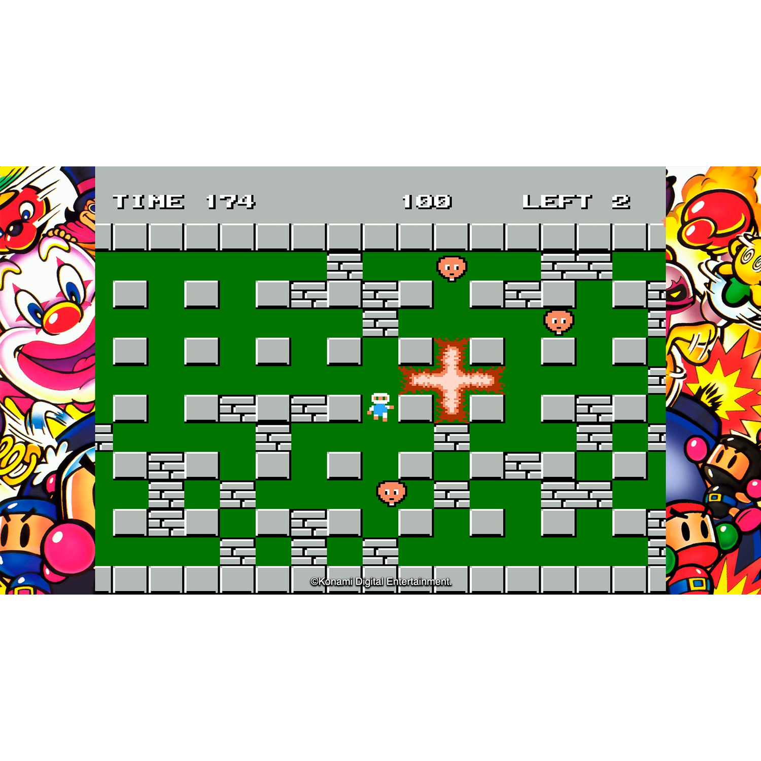 Een gepixelde bombergame met een speler, vijanden en blokken.