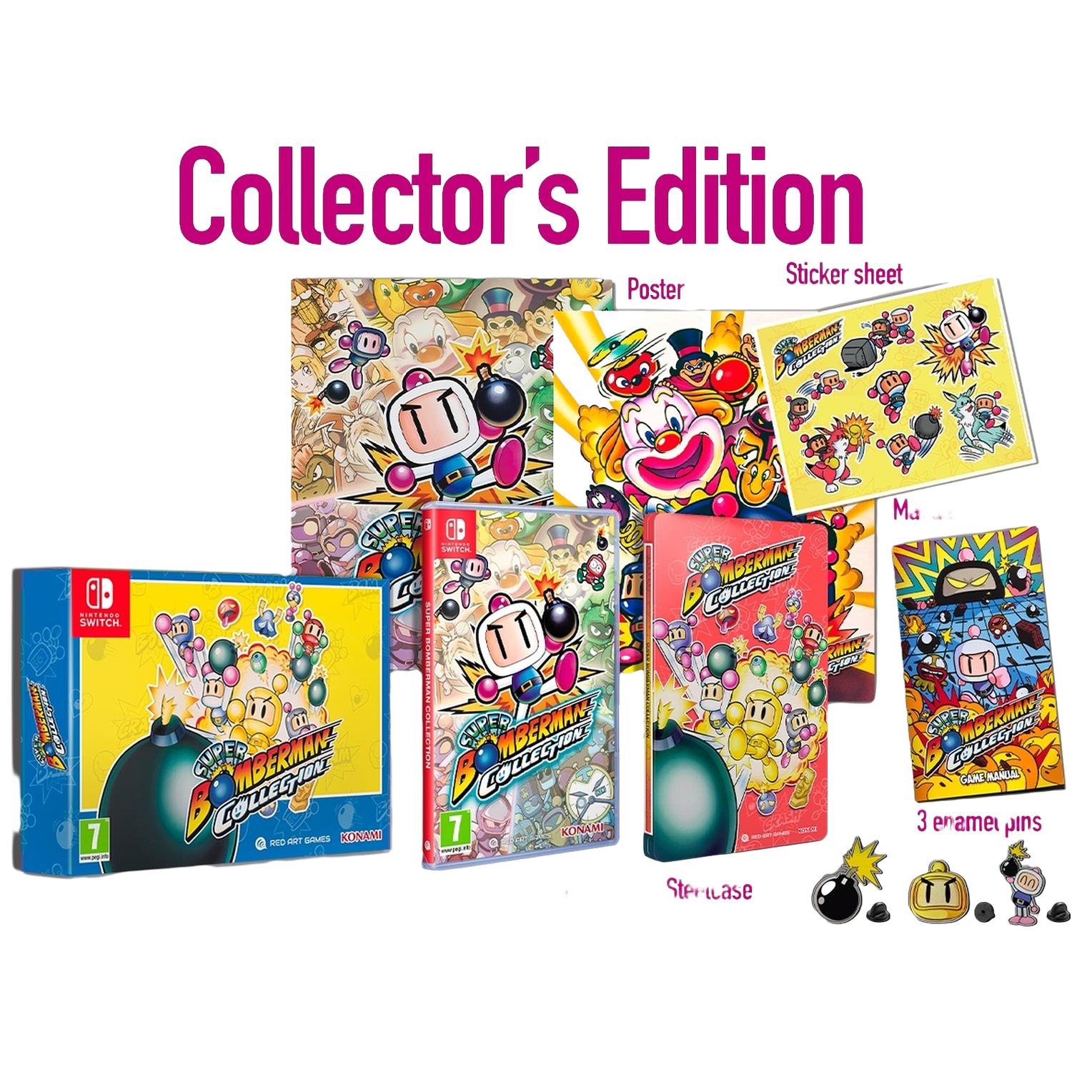 Collector's Edition van Super Bomberman Collection met spellen, poster, stickervel en pins.