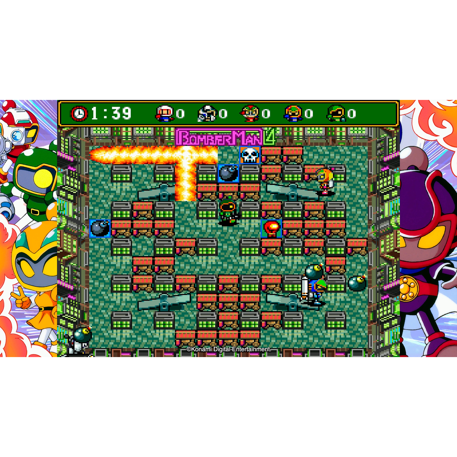 Bomberman 4 gameplay met explosies, bommen en personages.