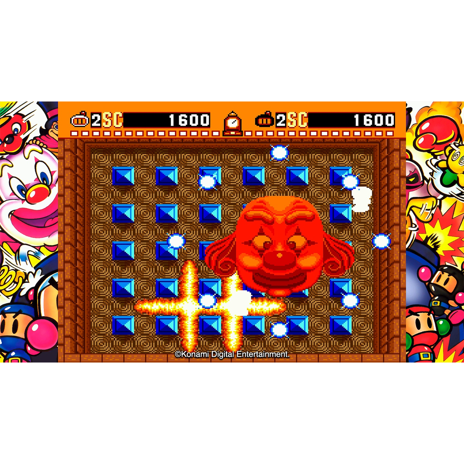 Een spelbord met een rode clown-vijand die explodeert, omringd door spelers.