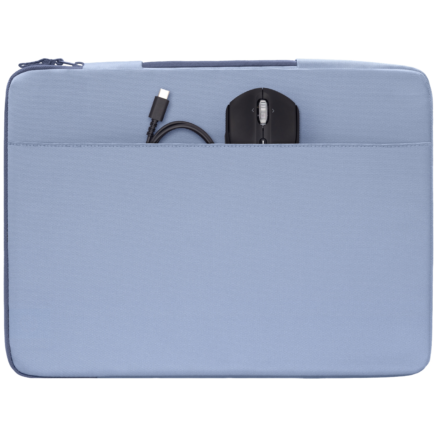 A black computer accessory (cable and mouse) is in a light blue pouch.