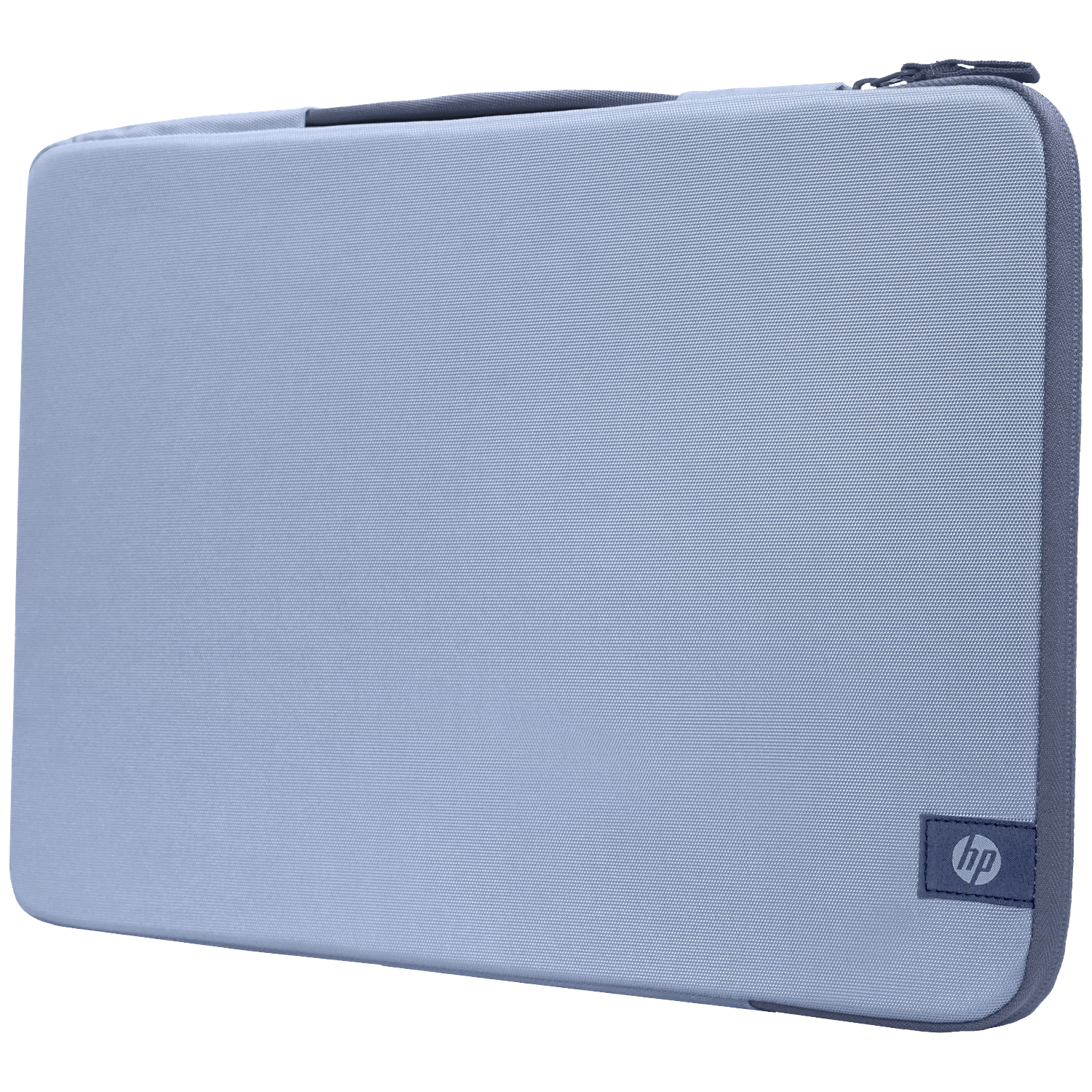 Light blue HP laptop sleeve with zipper and handle. HP logo.