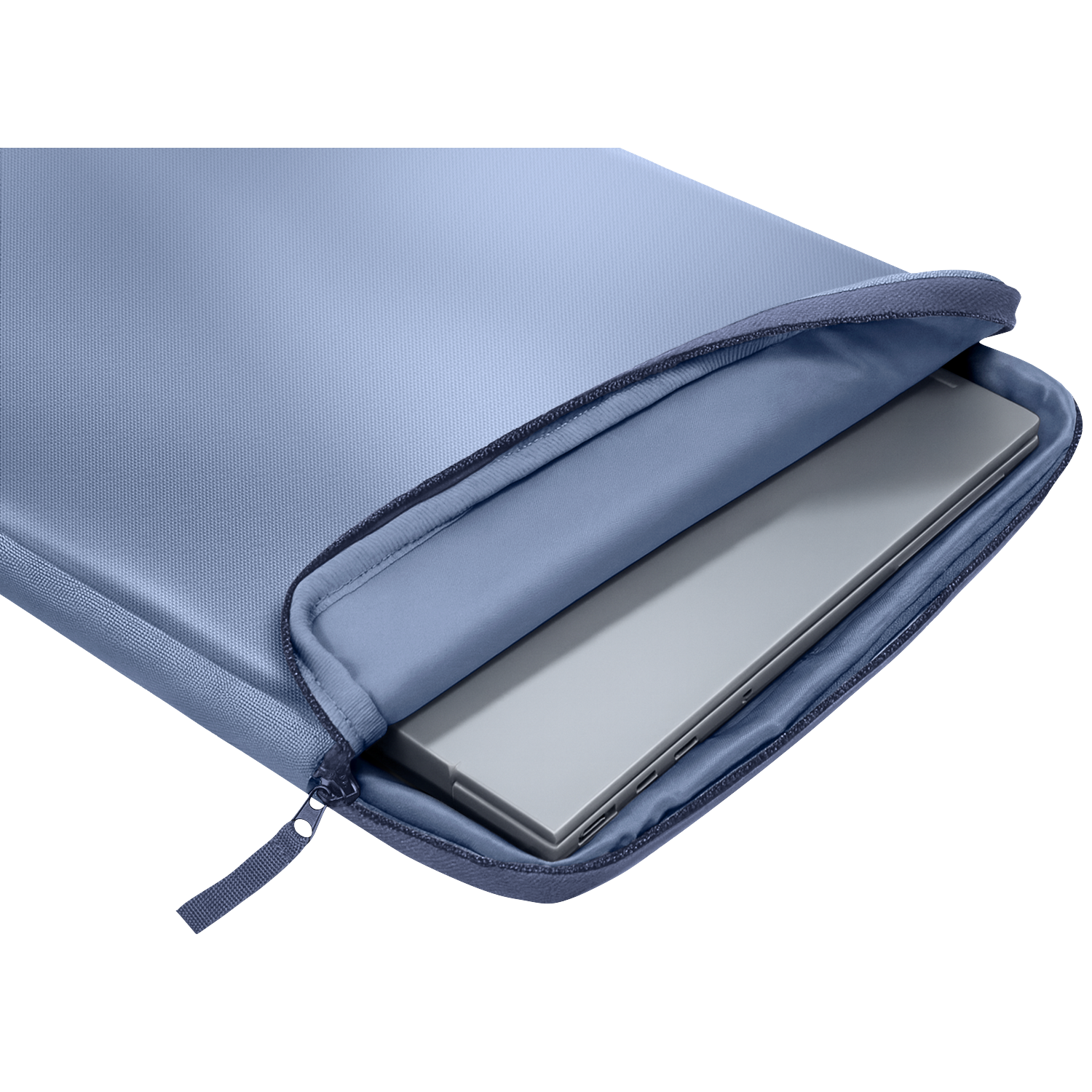 A light blue laptop sleeve with a gray laptop partially inserted.