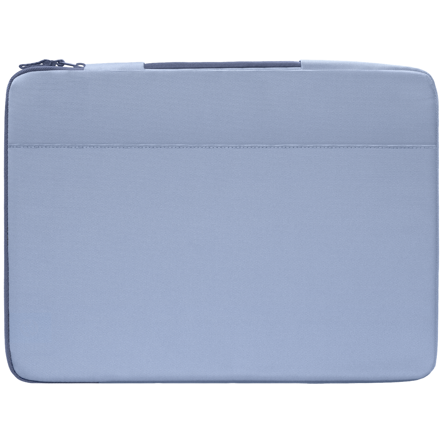 A light blue laptop sleeve with a zipper and a handle.