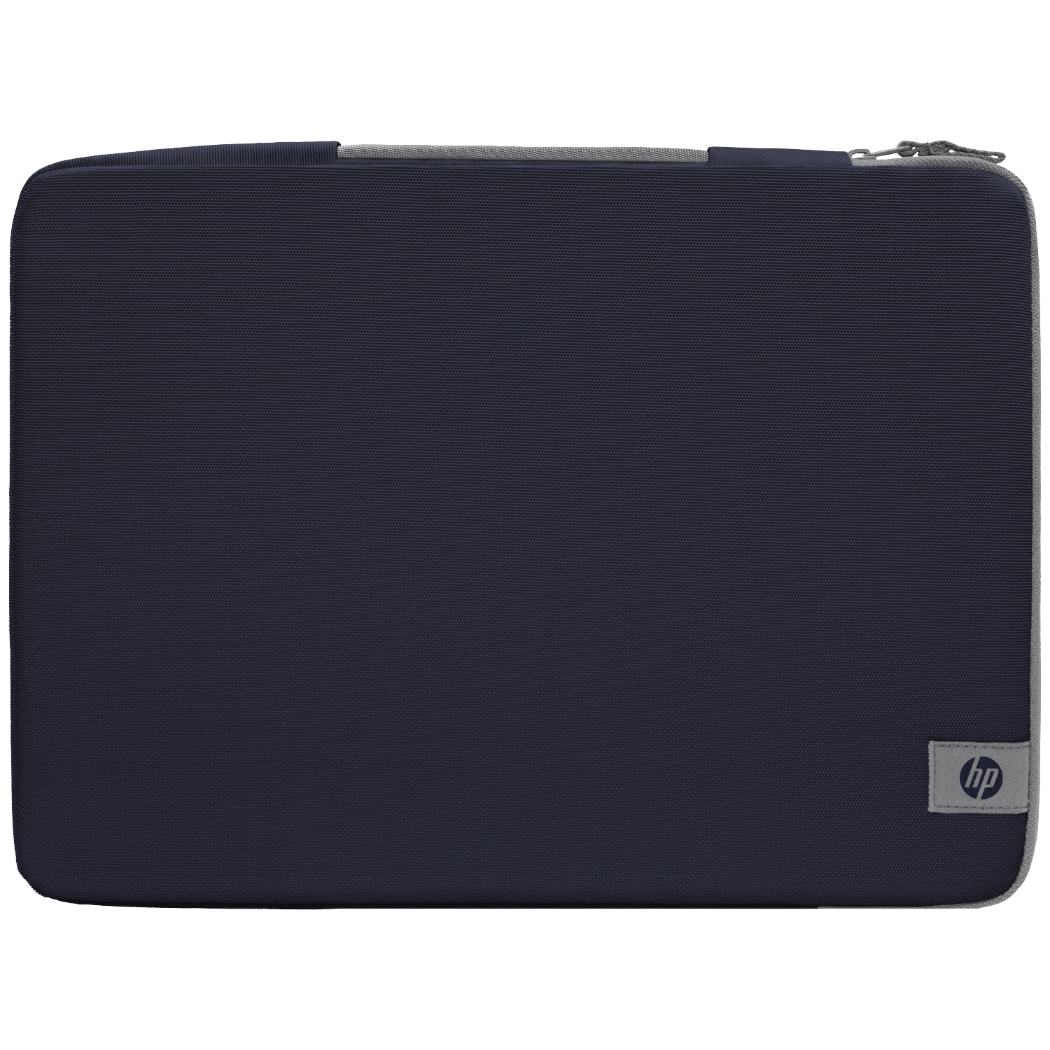 Dark blue laptop sleeve with zipper and HP logo.