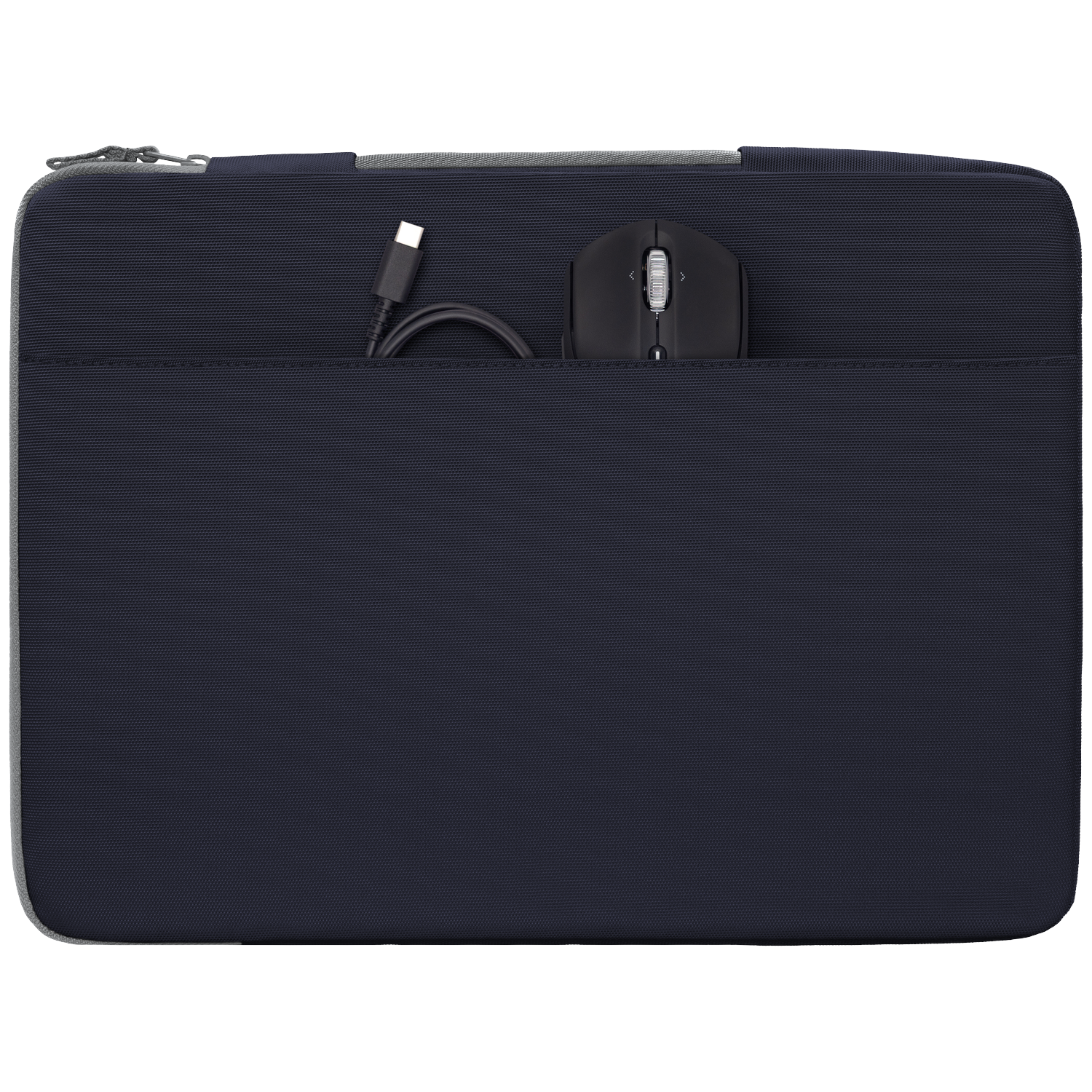 Dark blue laptop sleeve with black mouse and USB-C cable in front pocket.