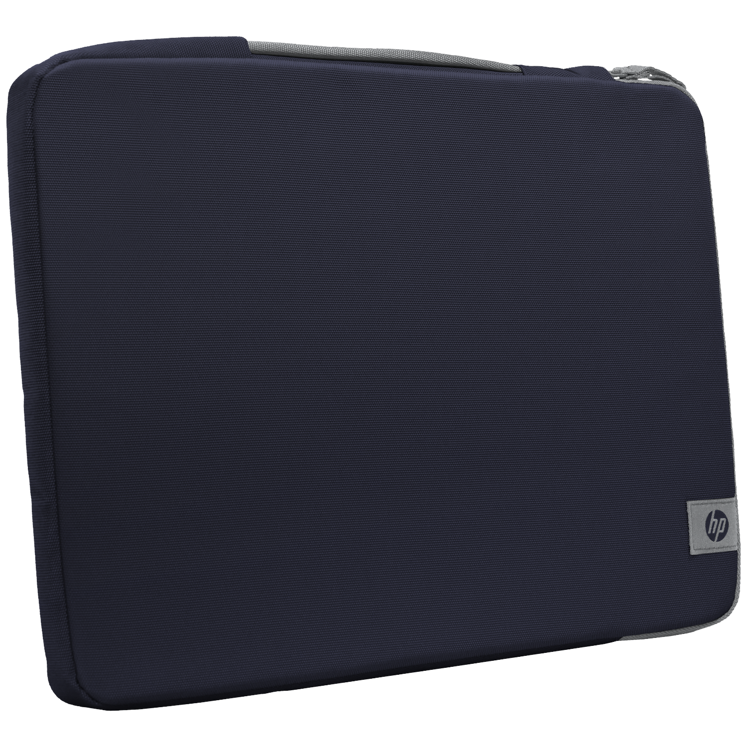 A dark blue laptop sleeve with an HP logo and a zipper.