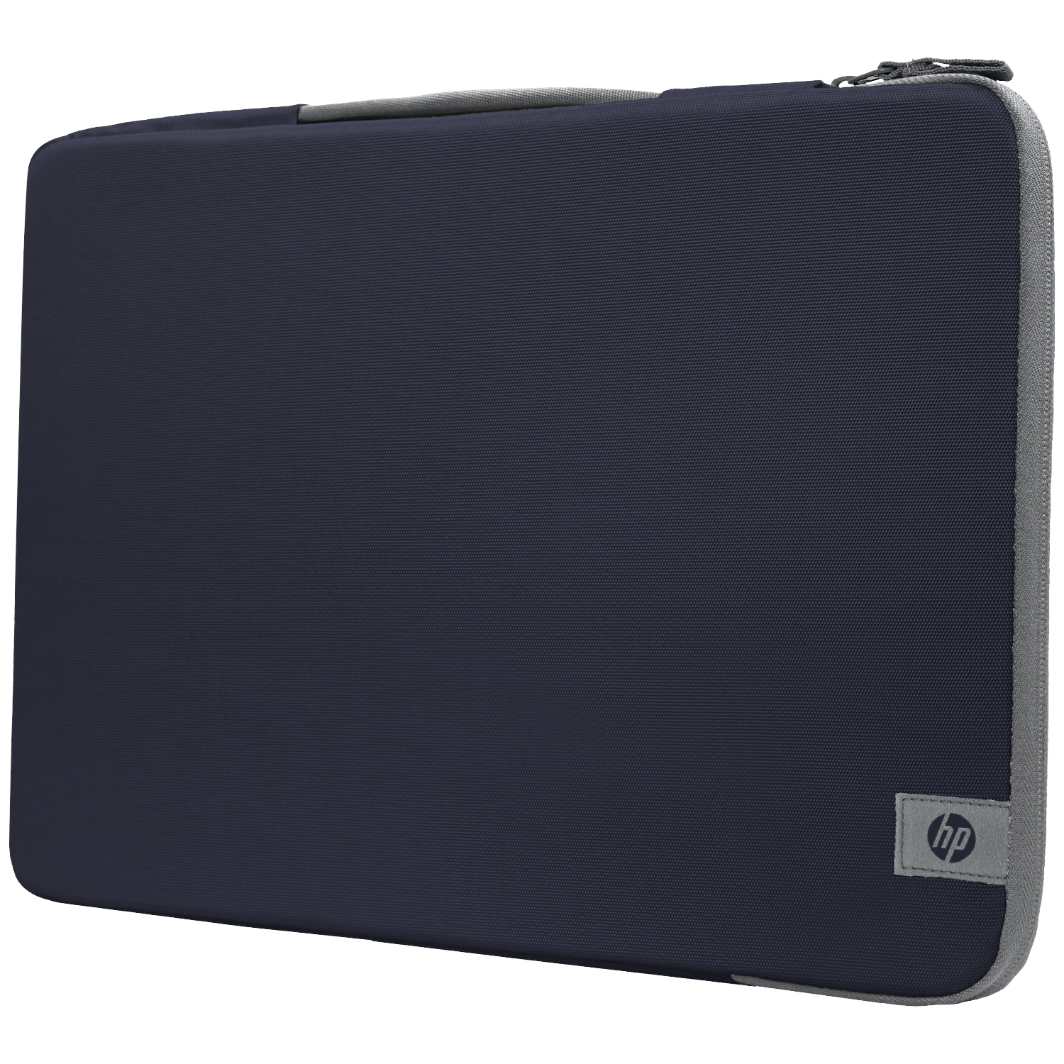 Dark blue laptop sleeve with gray trim and HP logo.