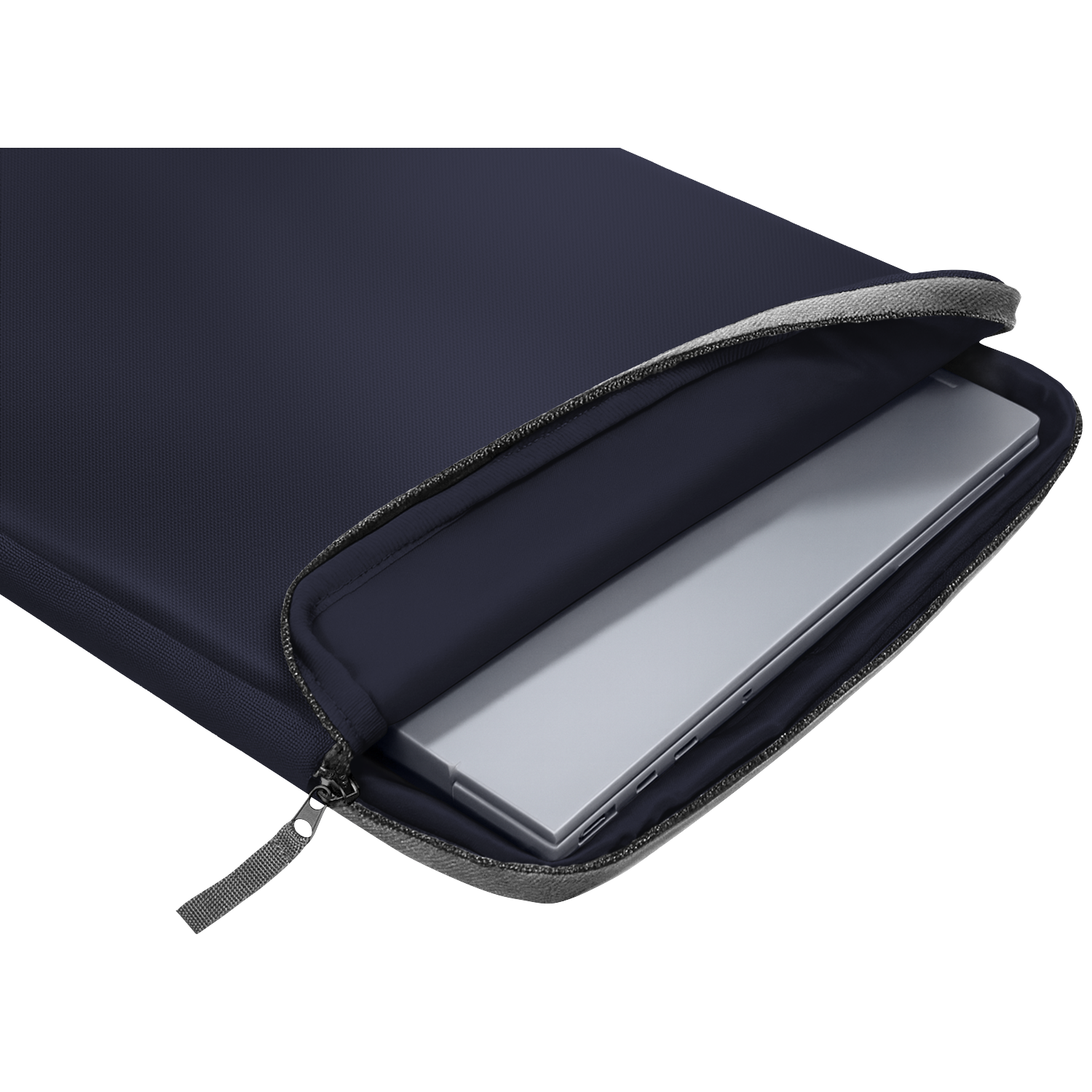 A silver laptop rests inside a dark blue zippered laptop sleeve. The zipper is open.