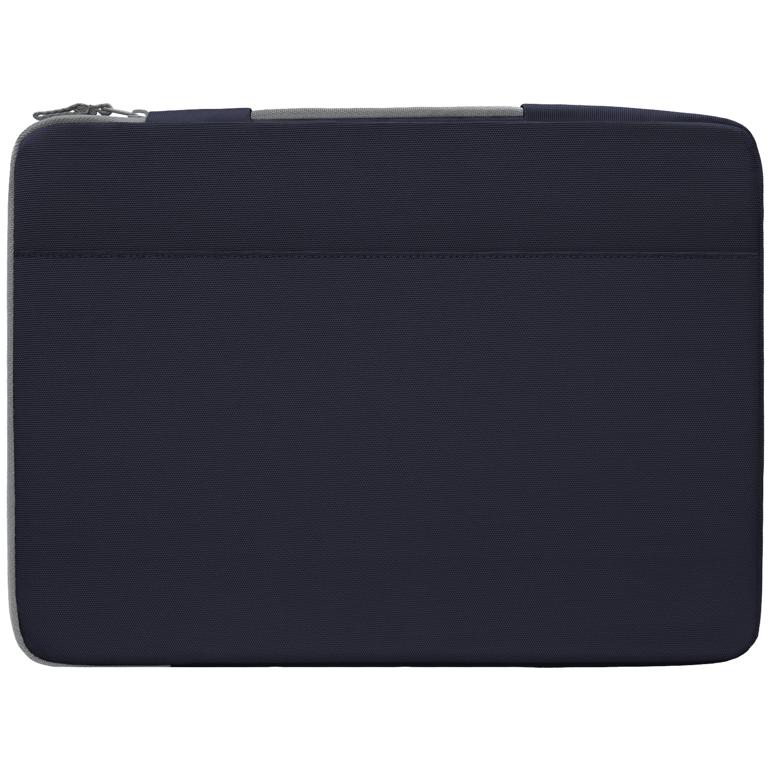 A dark blue laptop sleeve with a zipper and grey trim.