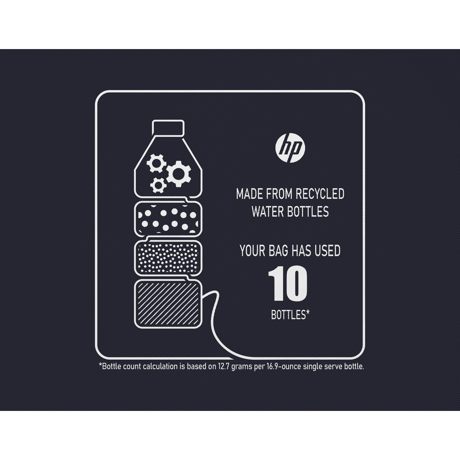 Graphic shows 10 recycled water bottles, HP logo.