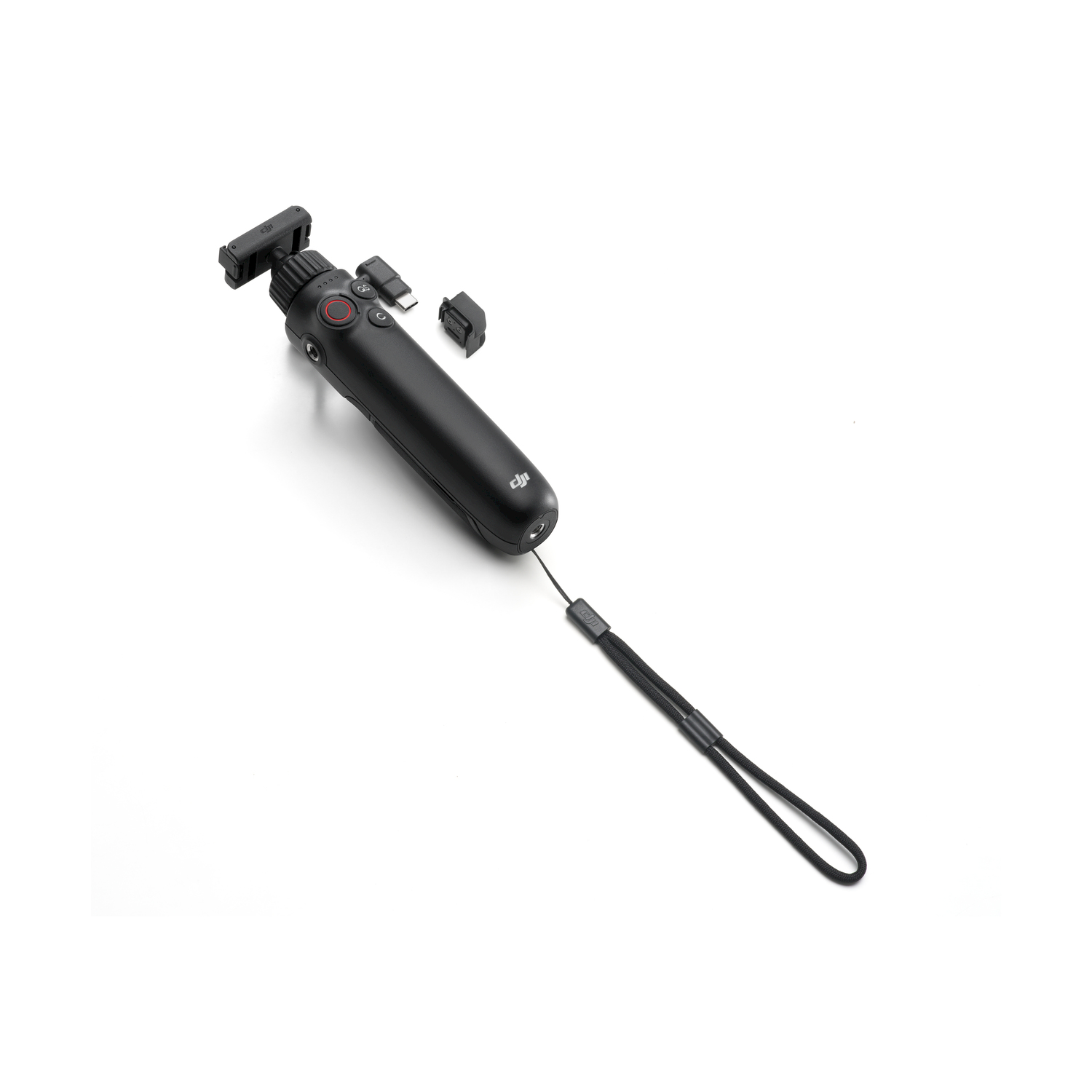 Gimbal nero con accessori e laccetto da polso su sfondo bianco.