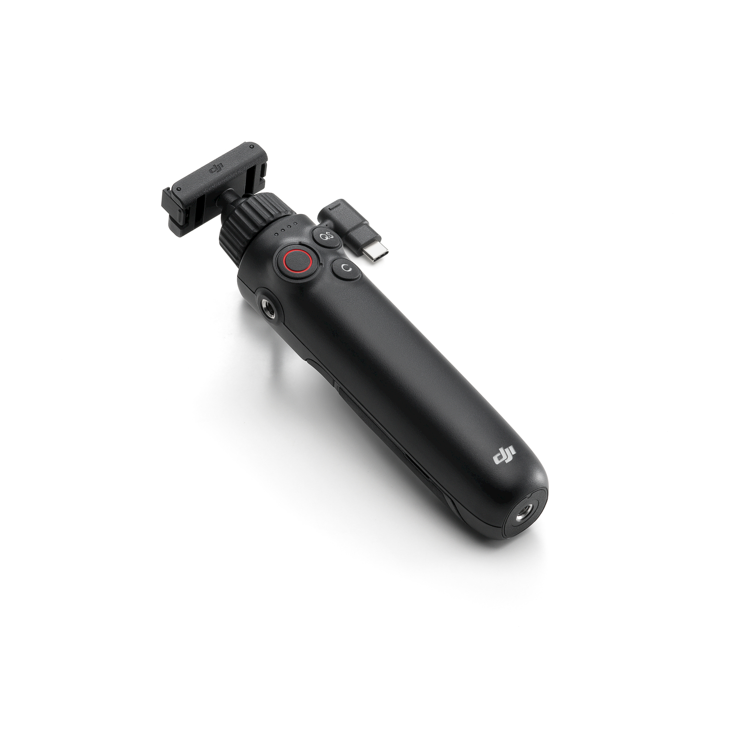 Impugnatura gimbal nera con supporto per telefono e cavo USB-C su sfondo bianco.