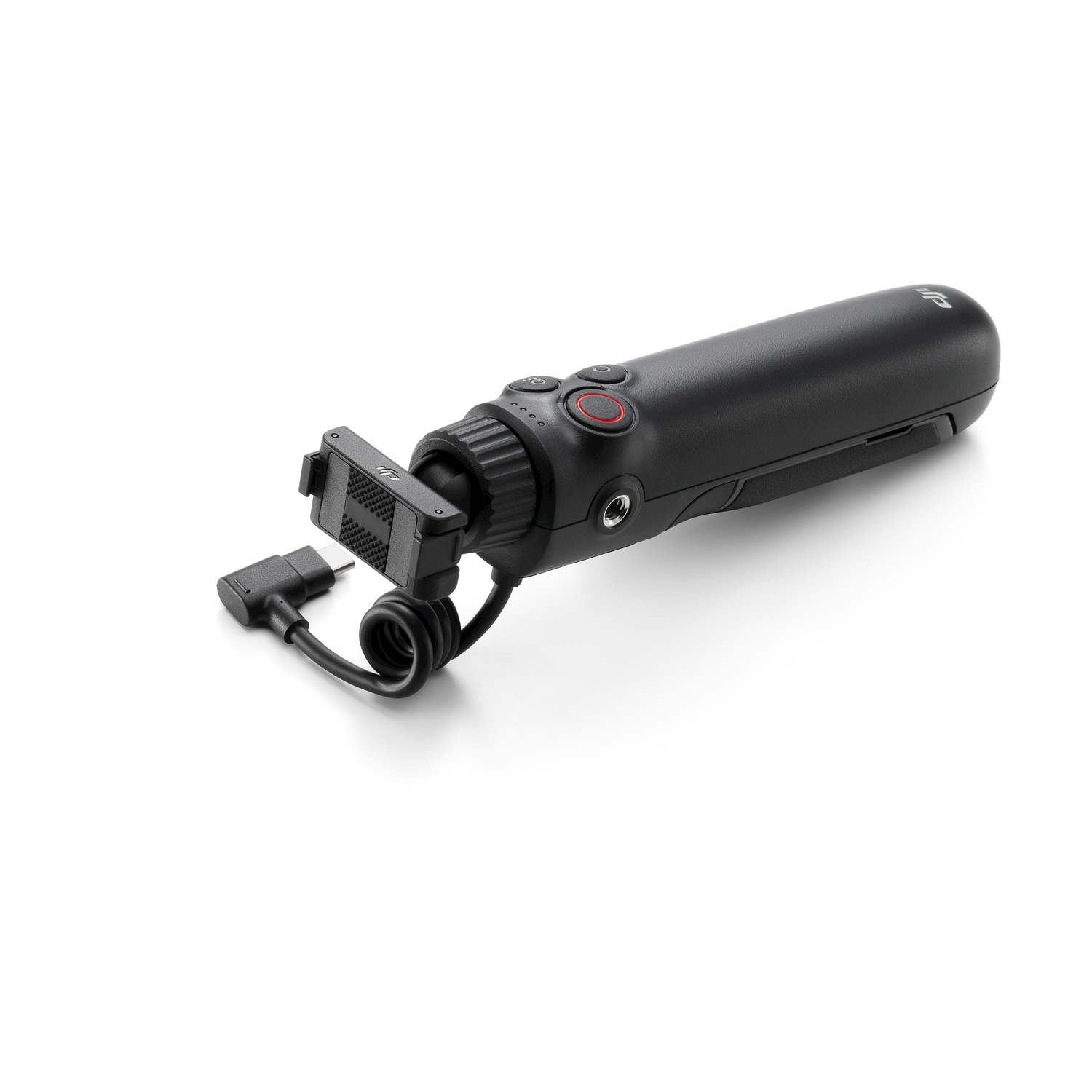 Un gimbal nero con cavo arrotolato e connettore USB-C su sfondo bianco.