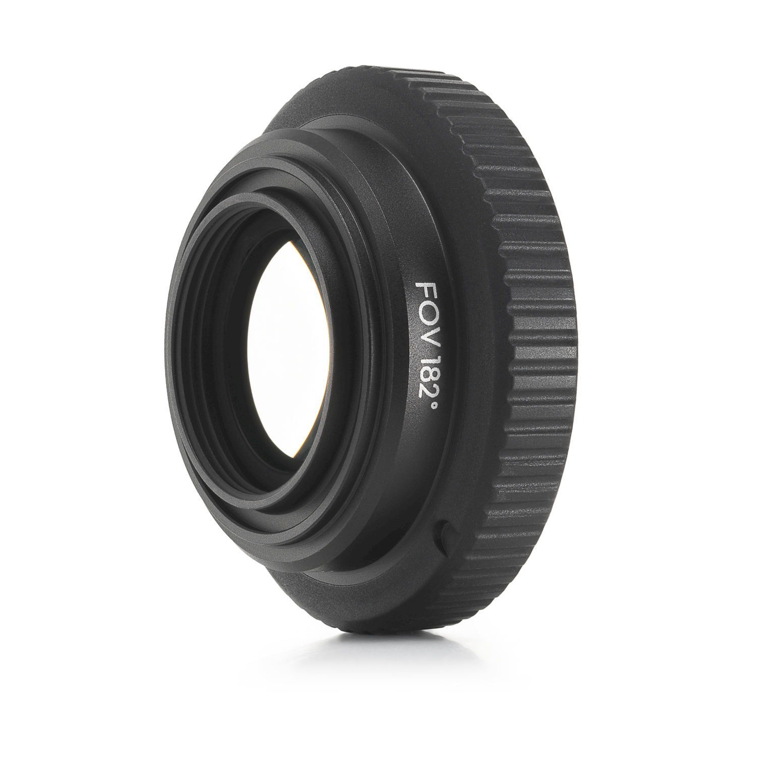 Un adattatore per obiettivo nero con bordo zigrinato e testo "FOV 182°".