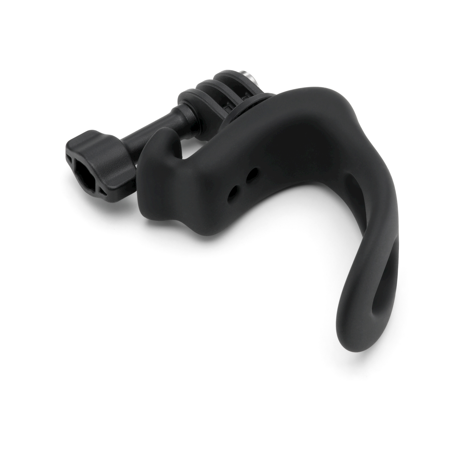 Una impugnatura ergonomica nera per action camera con attacco a vite.
