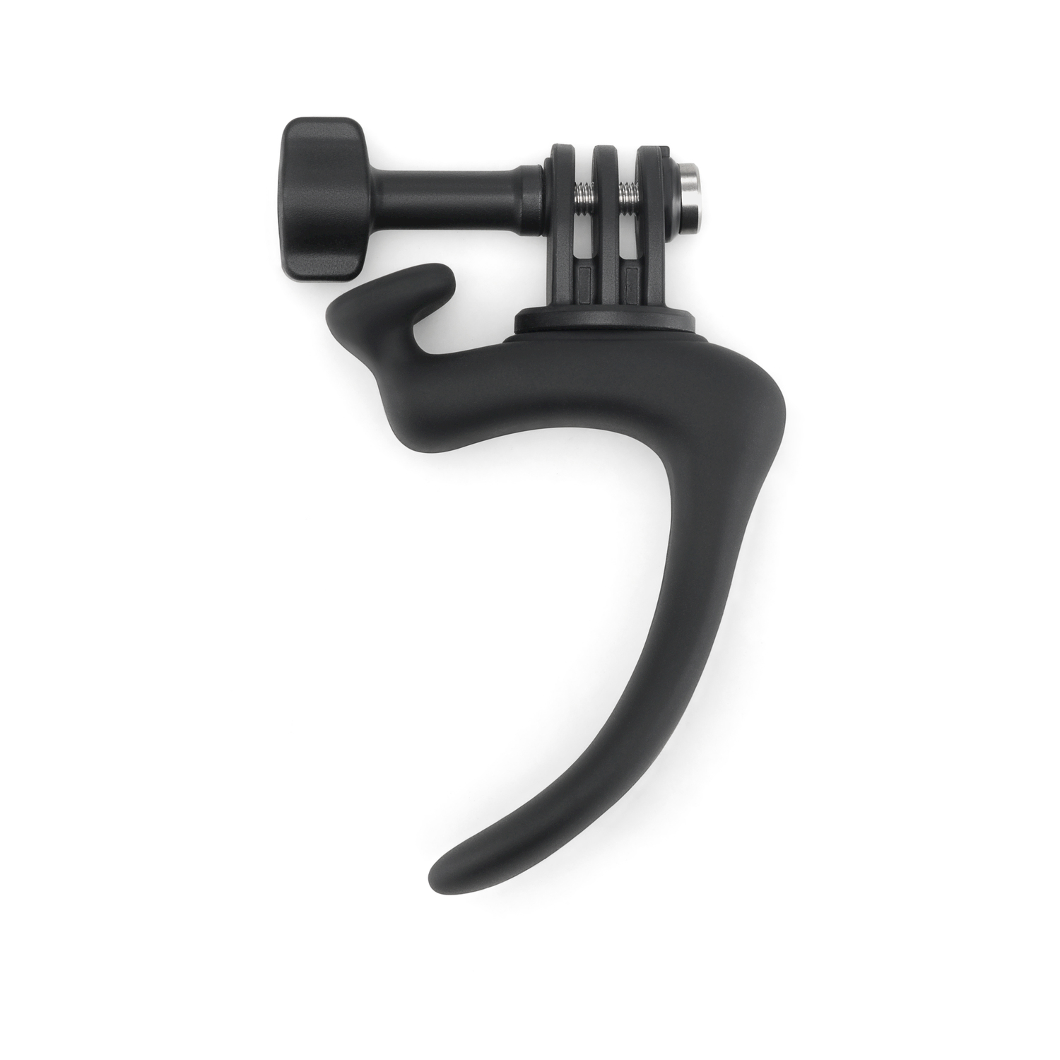Supporto per fotocamera nero con manico curvo e fibbia a sgancio rapido.