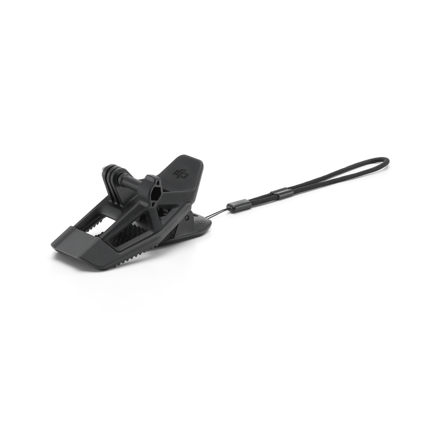 Supporto clip per fotocamera nero con laccetto, su sfondo bianco.