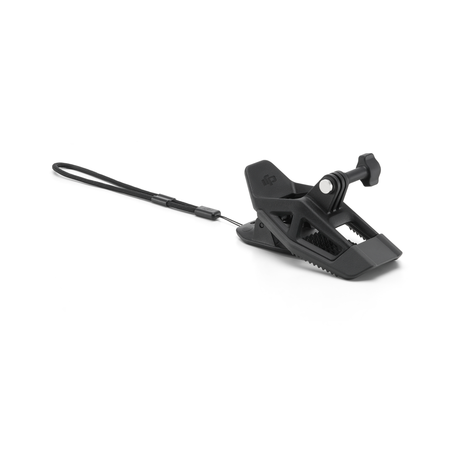 Clip GoPro nero con cinturino e vite, su sfondo bianco.
