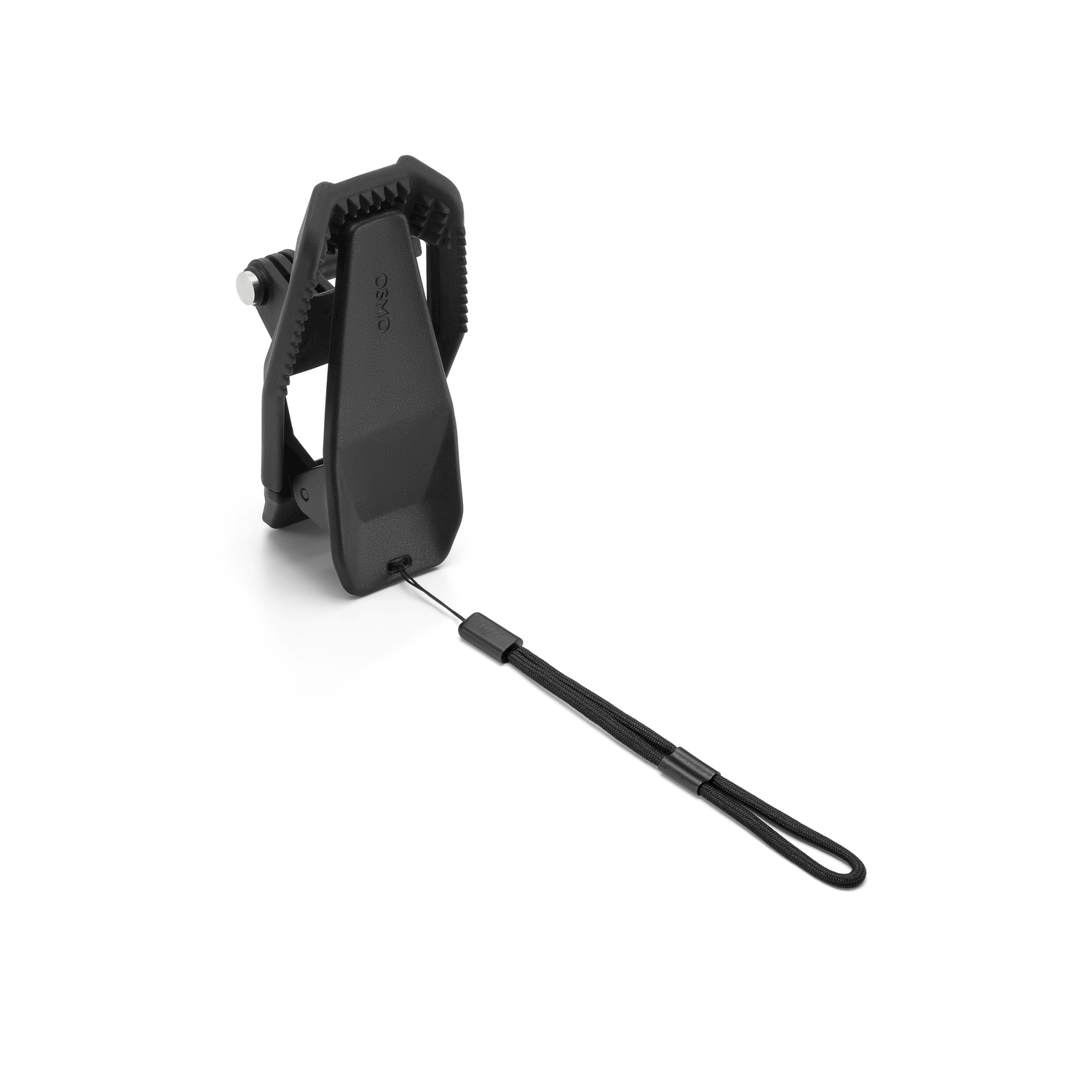 Supporto a clip nero con logo DJI e laccetto, su sfondo bianco.