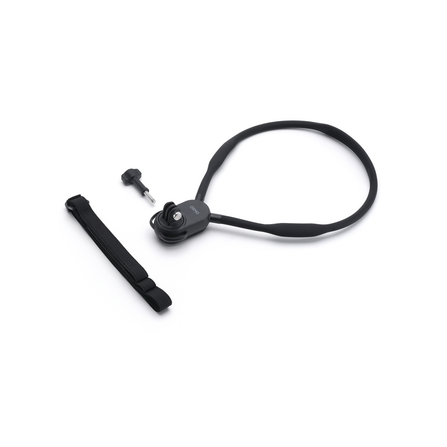 Accessorio gimbal nero con cinghia e vite su sfondo bianco.