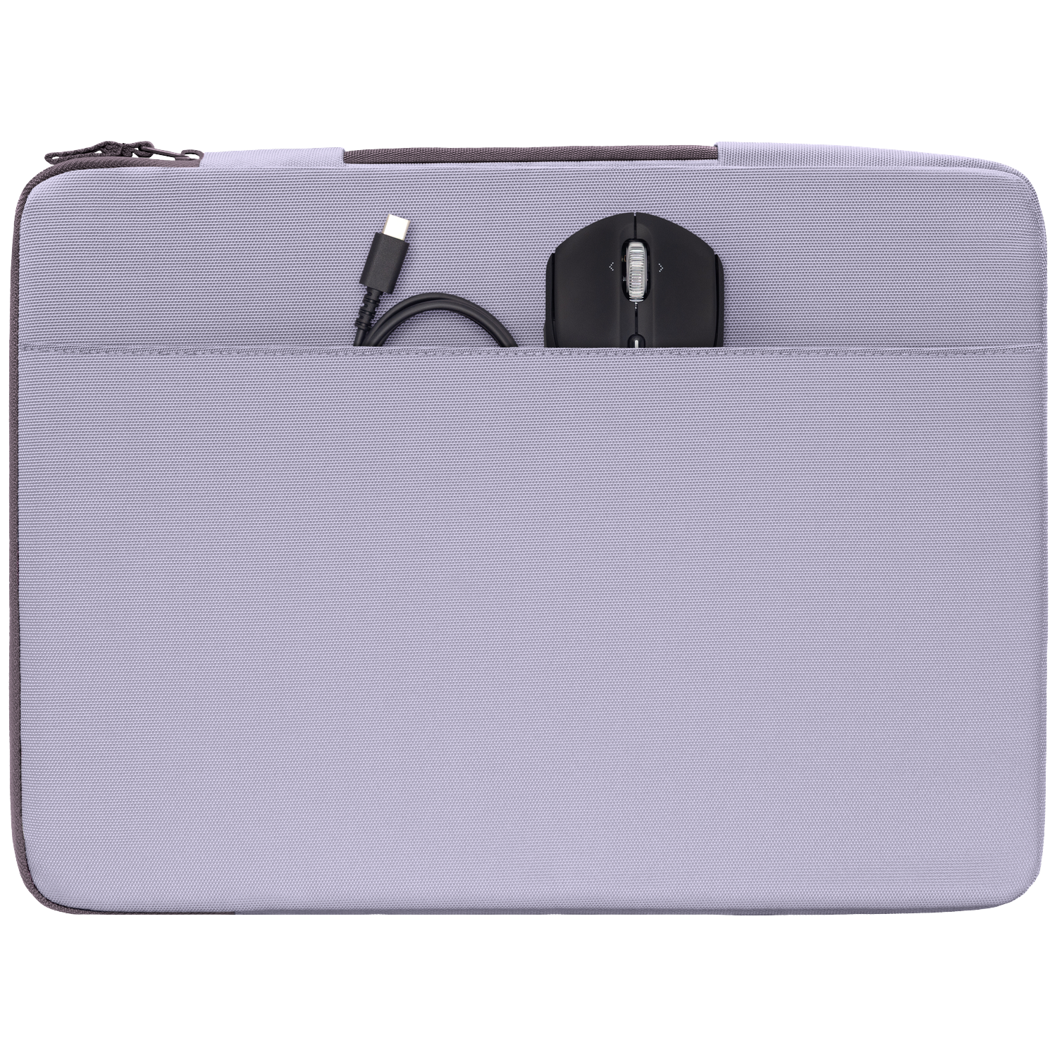 Gray laptop sleeve with USB-C cable and black mouse in the front pocket.