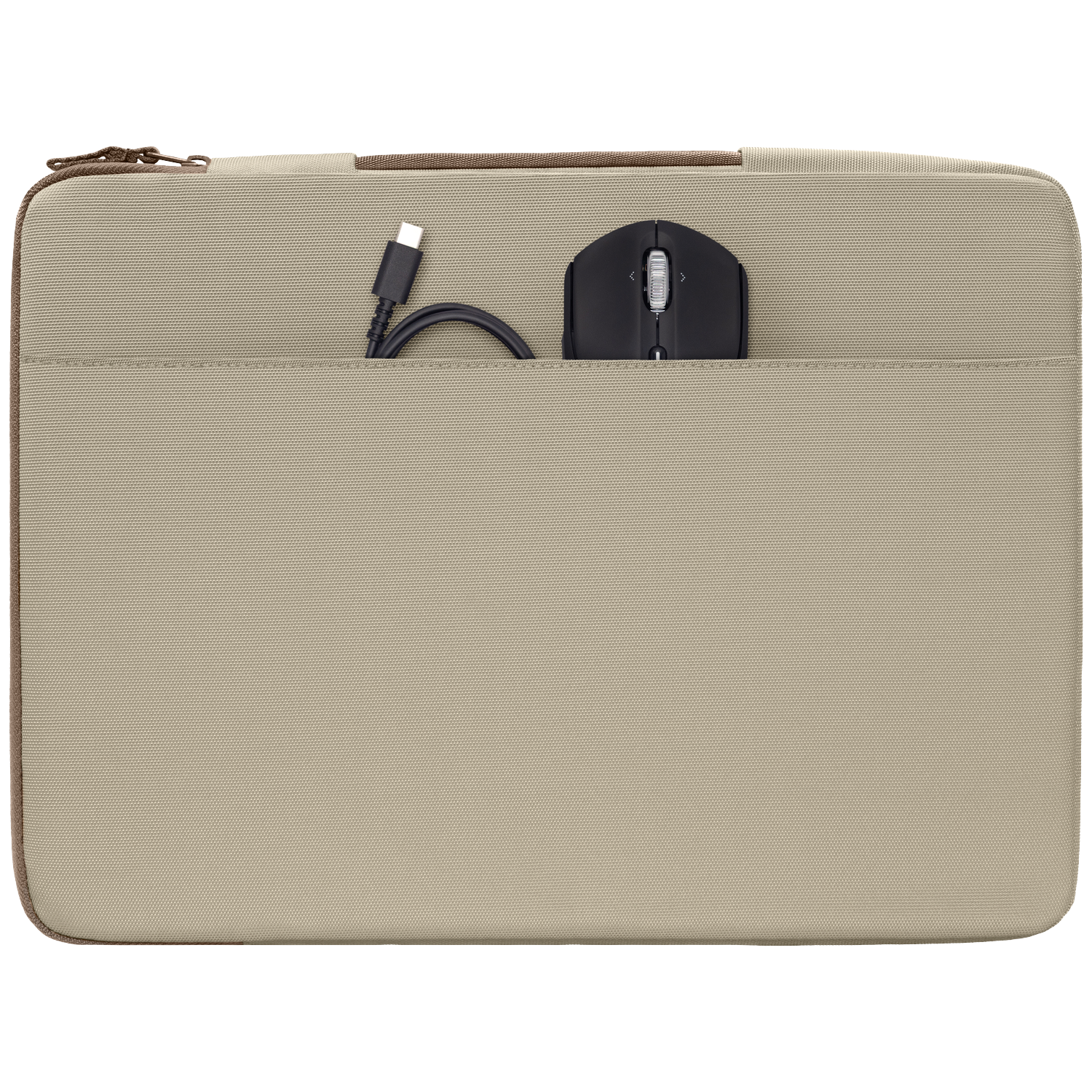 Beige laptop sleeve with a black mouse and USB-C cable in the outer pocket.