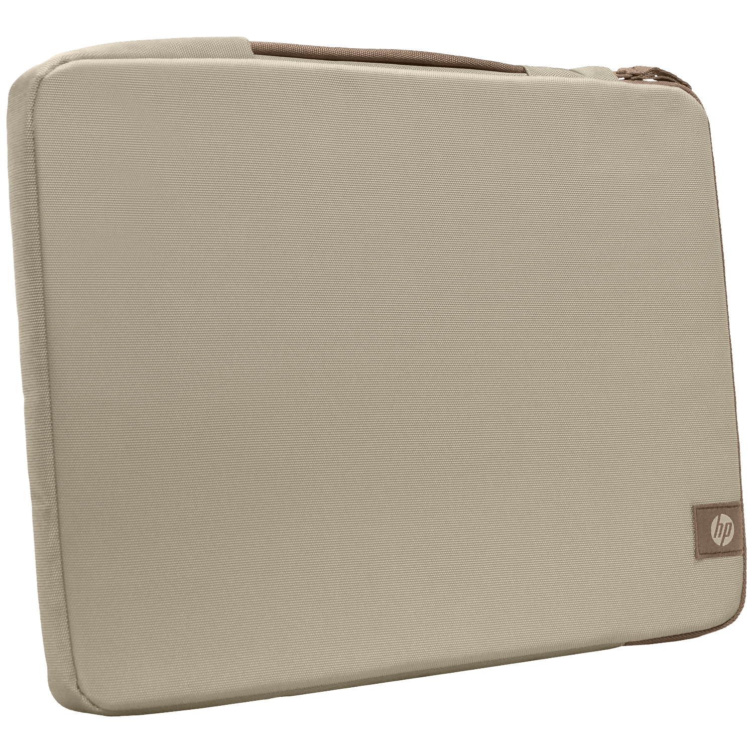 A beige HP laptop sleeve with brown trim and a zipper closure.