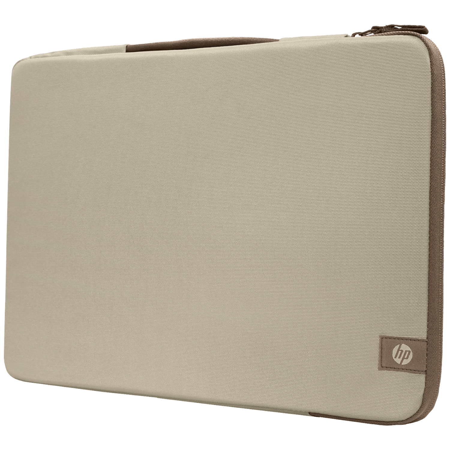 A beige laptop sleeve with brown trim and an HP logo.