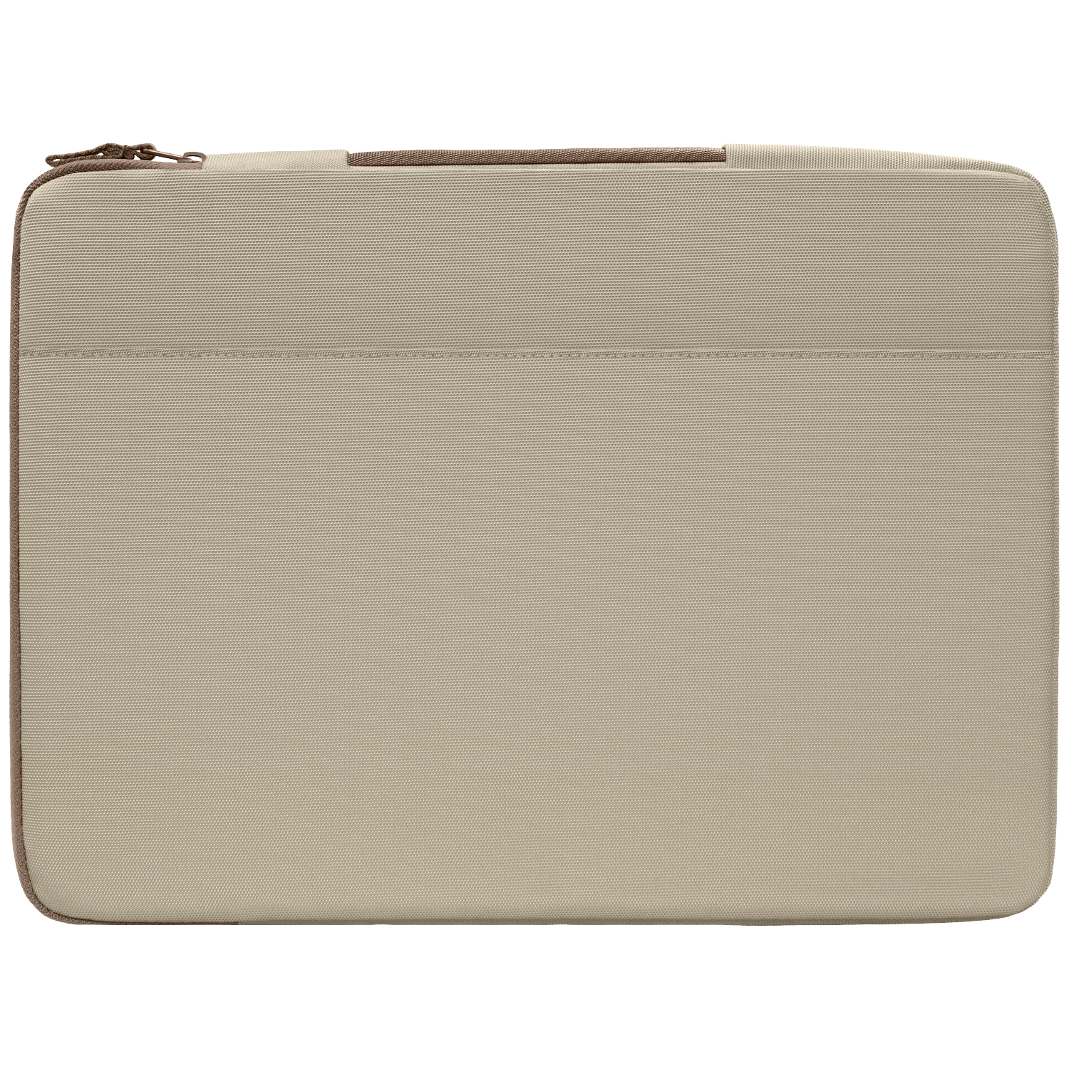 A beige laptop sleeve with a zipper and handle, on a black background.