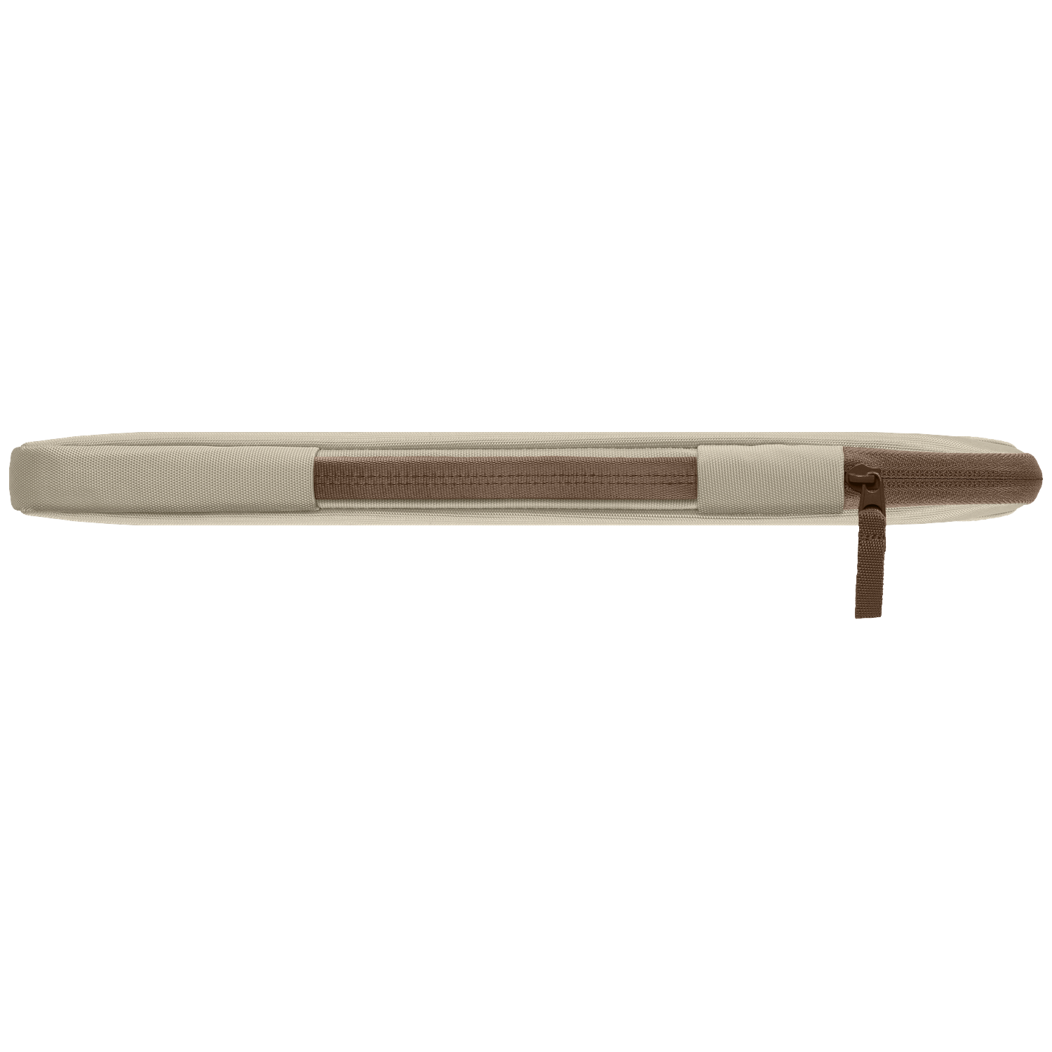 Beige laptop sleeve with a brown zipper and handle.