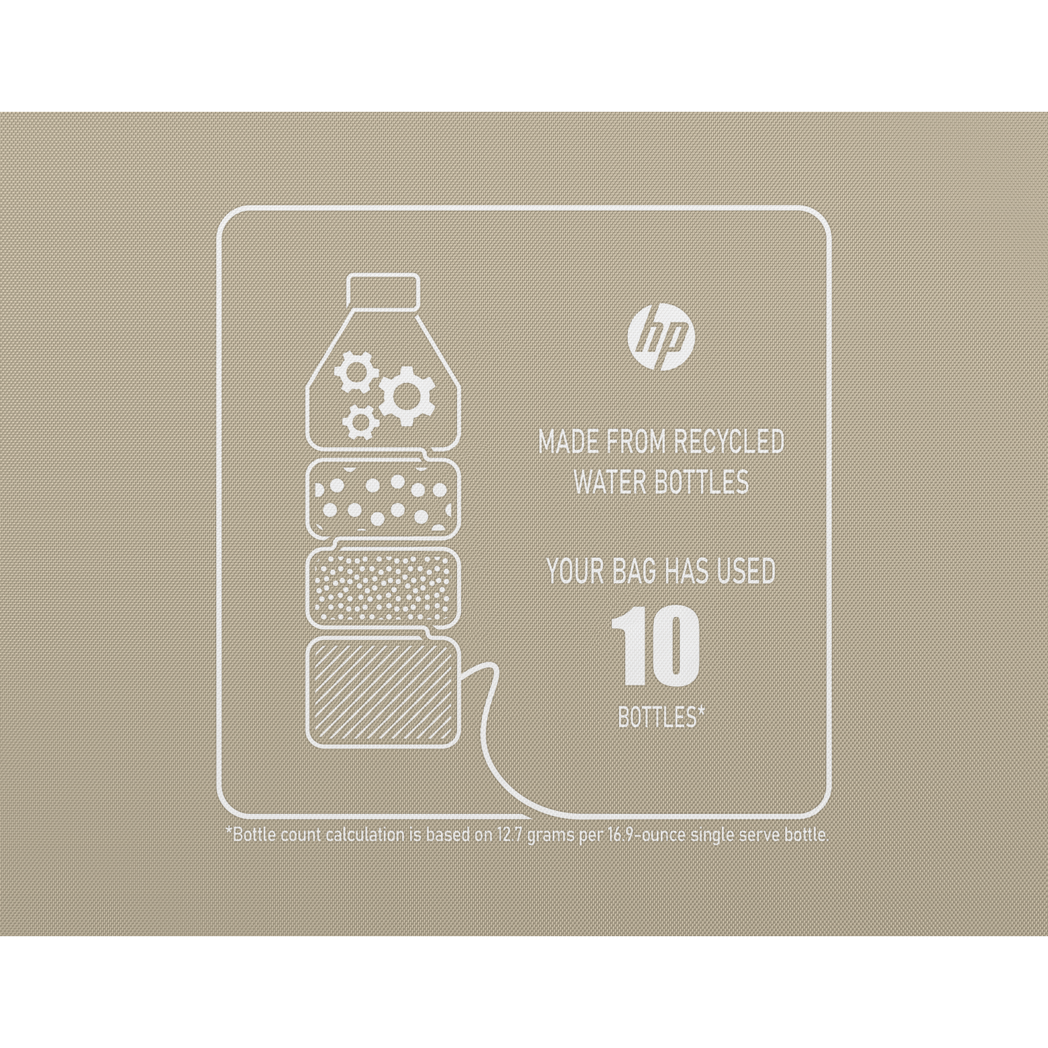 Graphic shows 10 recycled water bottles with HP logo.