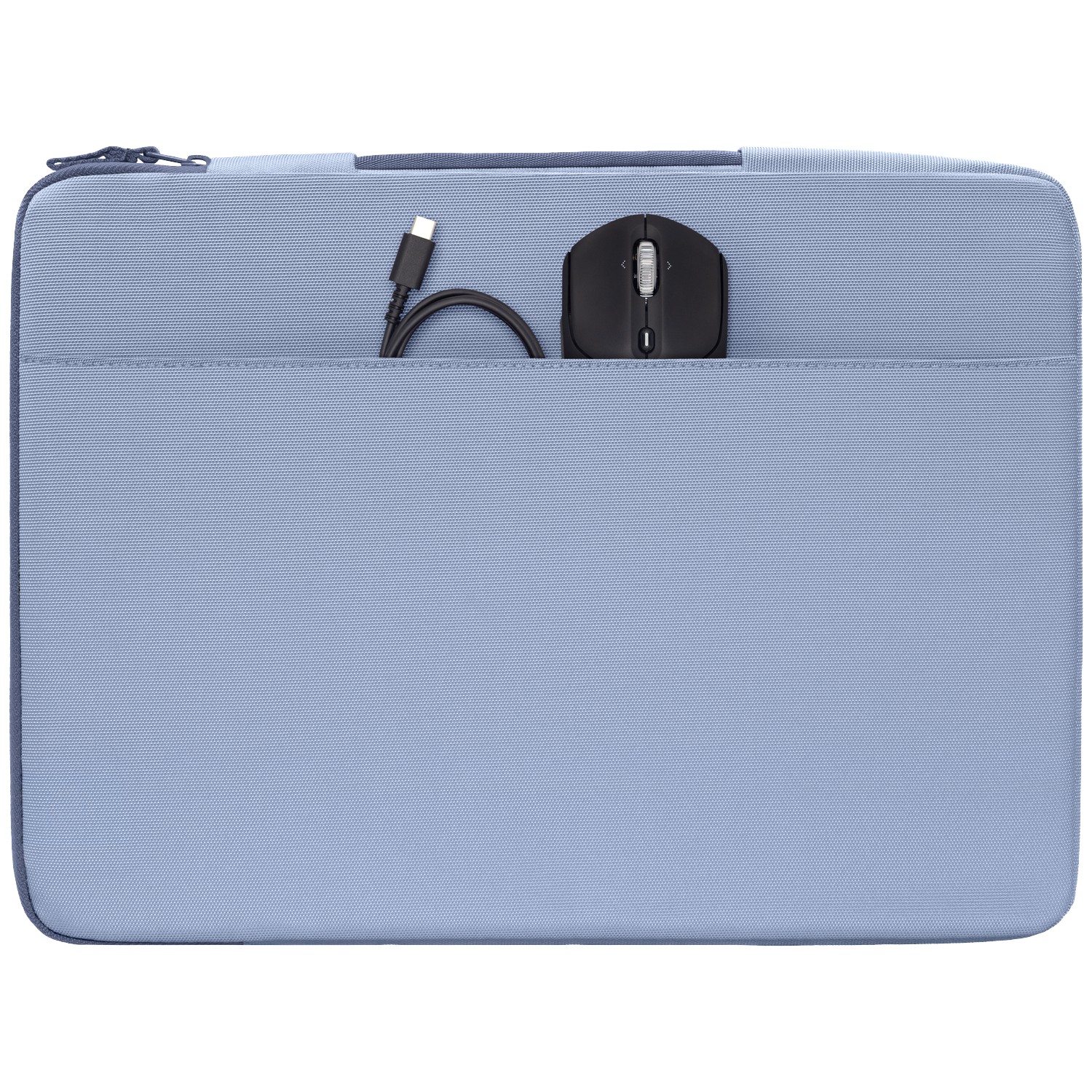 A light blue laptop bag with a black mouse and USB-C cable in the front pocket.