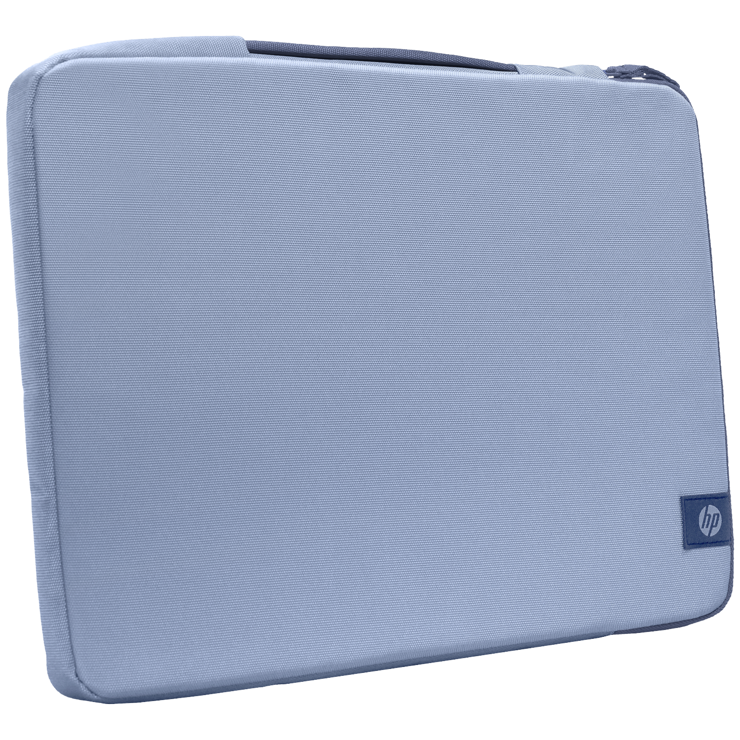 A light blue HP laptop sleeve with a zipper and a handle.