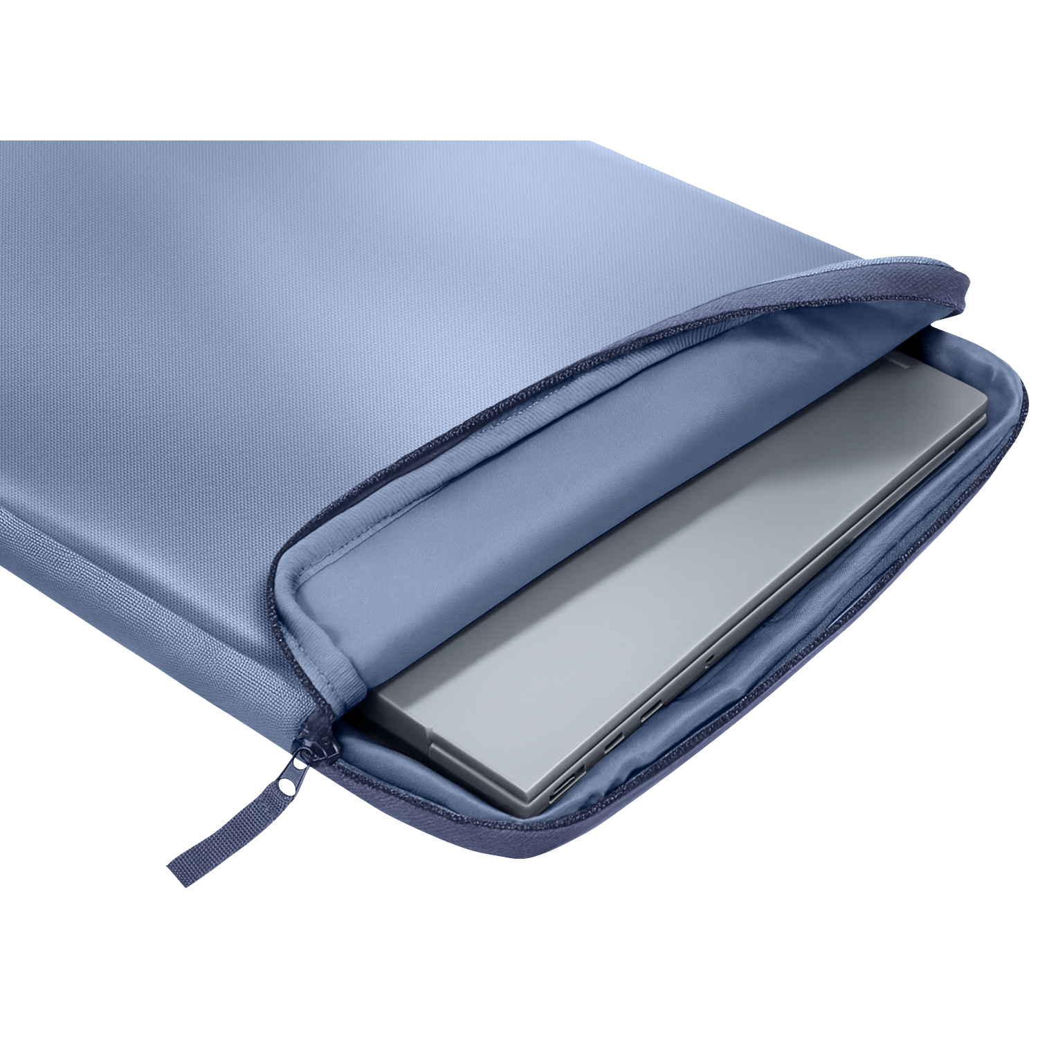 A gray laptop partially inside a light blue laptop sleeve with a zipper.